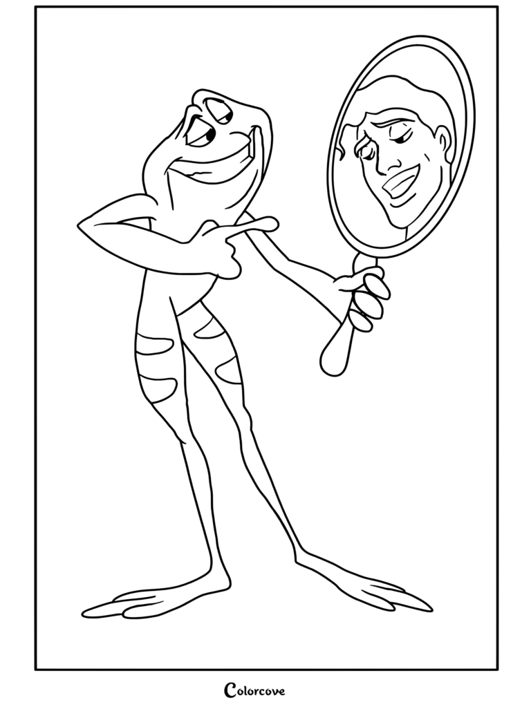Dibujo para colorear de La Princesa y el Sapo con el Príncipe Naveen transformado en sapo señalando orgulloso su reflejo en un espejo de mano.
