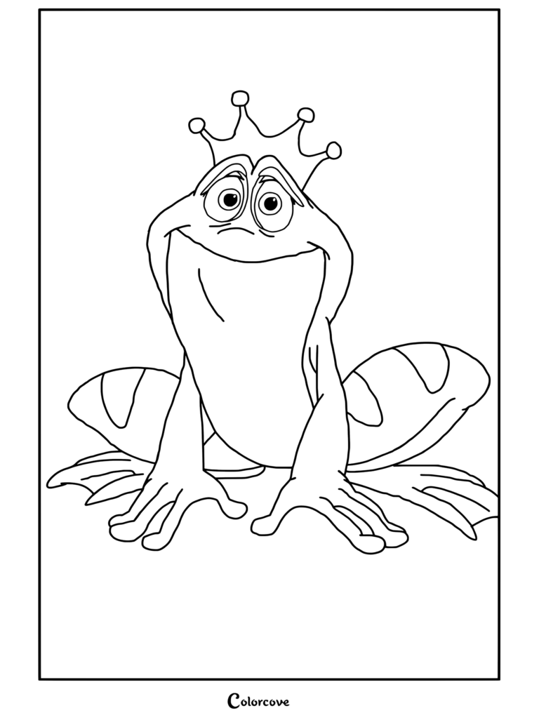 Dibujo para colorear imprimible del Príncipe Naveen transformado en sapo con corona dorada y gesto escéptico de La Princesa y el Sapo.