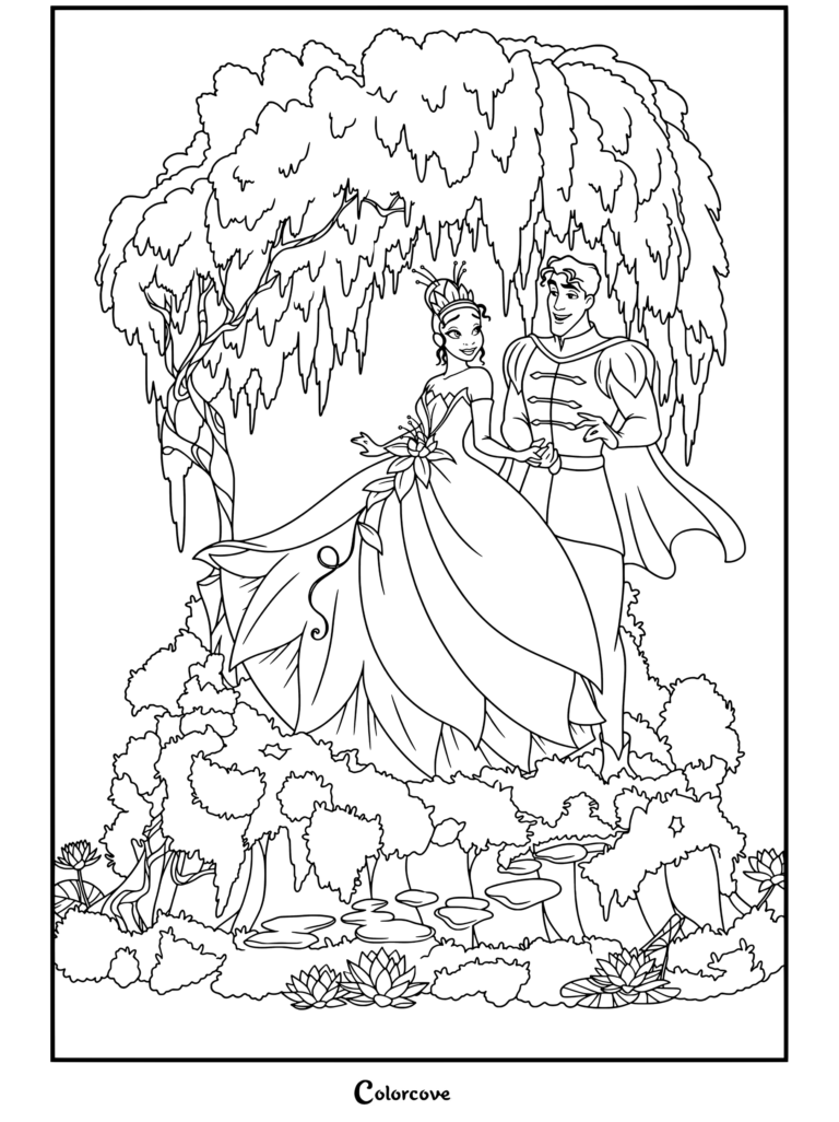 Dibujo para colorear para fans de La Princesa y el Sapo con la Princesa Tiana y el Príncipe Naveen bailando juntos con trajes verdes bajo un sauce iluminado