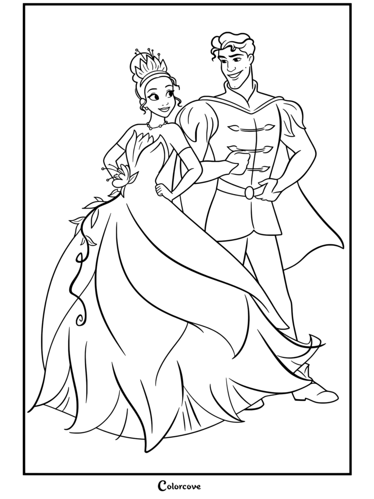 Dibujo para colorear de la Princesa Tiana y el Príncipe Naveen juntos con trajes verdes a juego, Tiana con vestido de hojas y Naveen con túnica, de La Princesa y el Sapo.