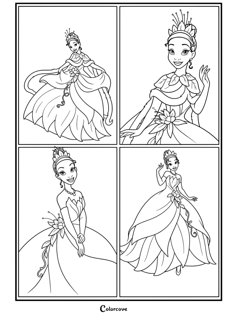 Dibujo para colorear de la Princesa Tiana con vestido de gala verde de nenúfar y tiara en varias posturas de La Princesa y el Sapo.