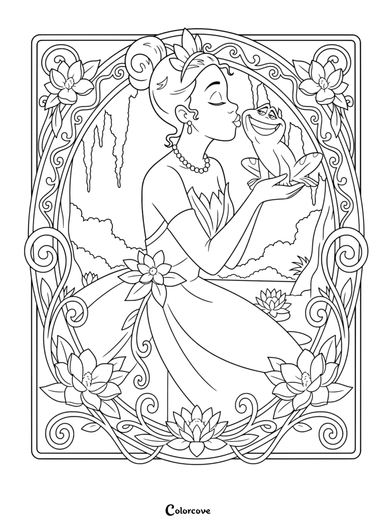 Dibujo para colorear de La Princesa y el Sapo con la Princesa Tiana besando al Príncipe Naveen como sapo entre sus manos, con vestido y guantes dentro de un marco floral modernista