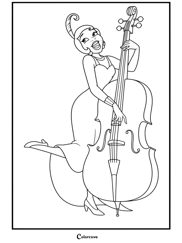 Dibujo para colorear de la Princesa Tiana cantando y tocando el contrabajo con un vestido blanco de La Princesa y el Sapo.