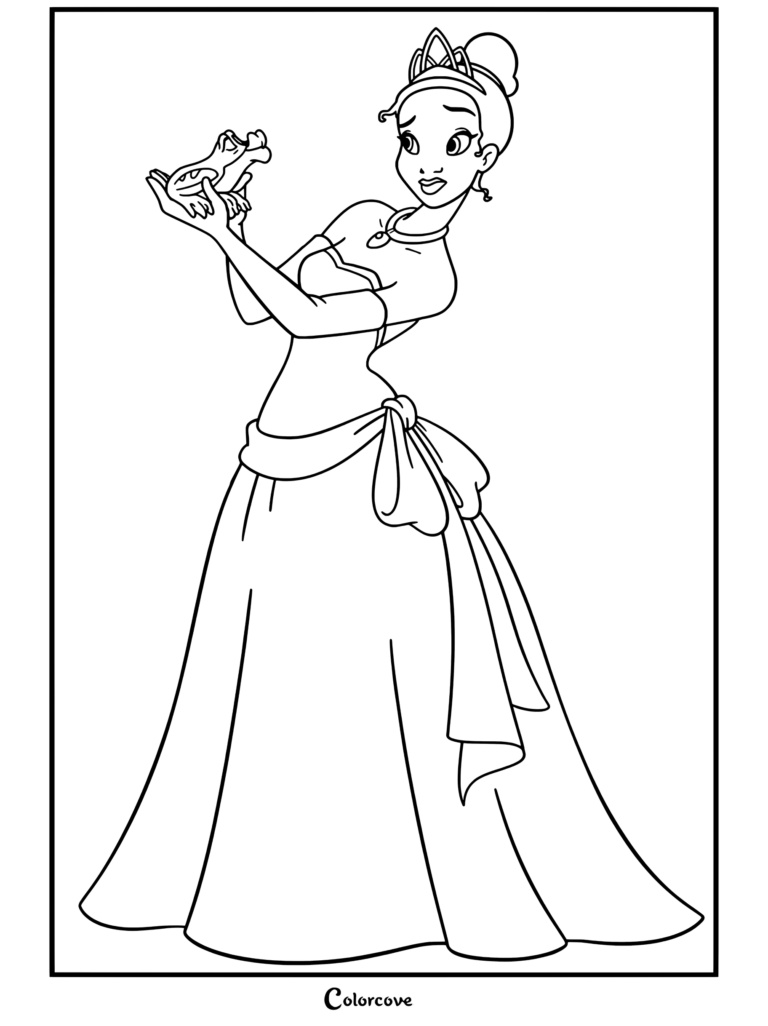 Dibujo para colorear de la Princesa Tiana con vestido azul y guantes blancos sosteniendo un sapo entre sus manos de La Princesa y el Sapo