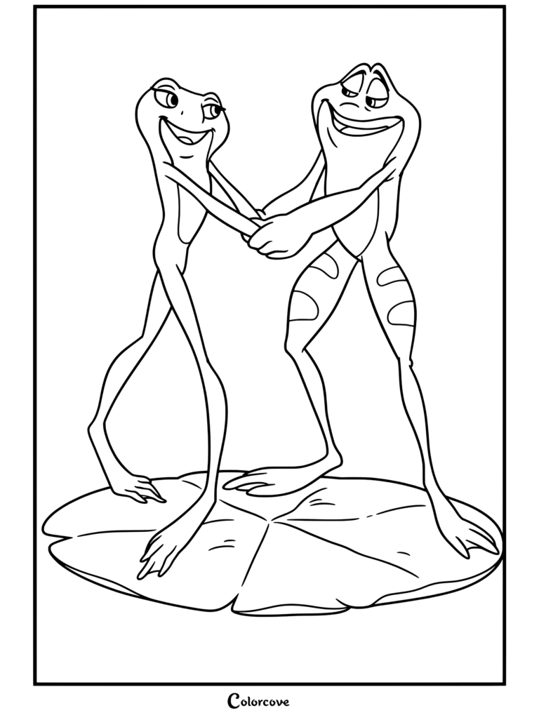 Dibujo para colorear de Tiana y Naveen convertidos en sapos bailando sobre un nenúfar de La Princesa y el Sapo
