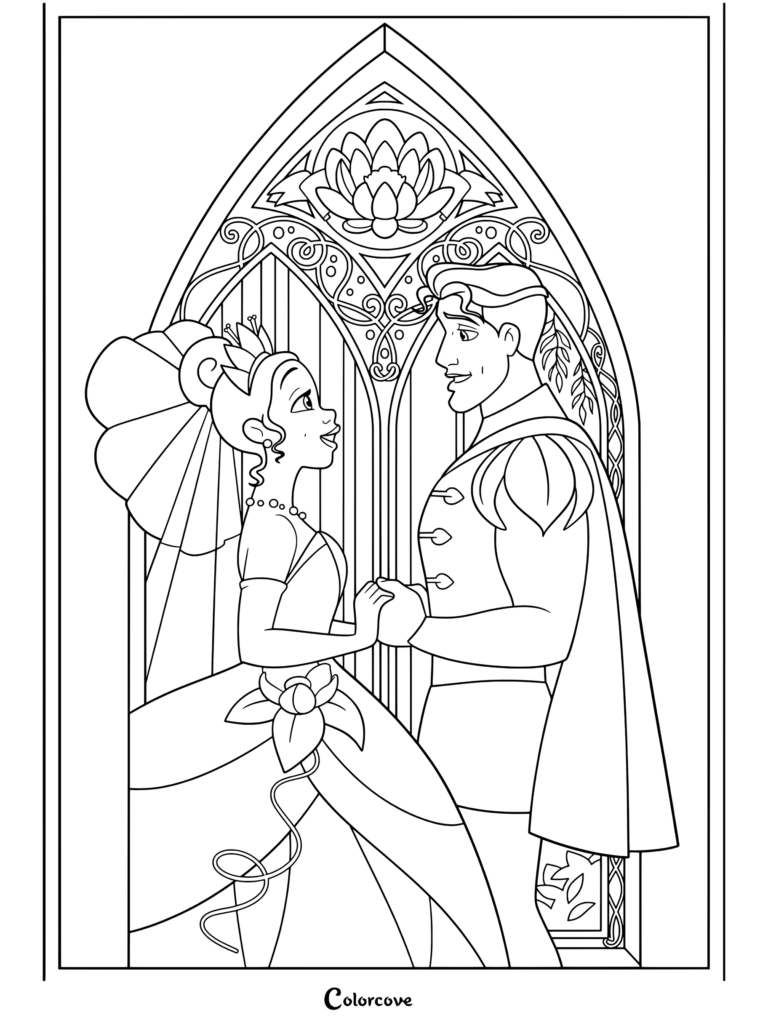 Dibujo para colorear de Tiana y Naveen bailando bajo un arco de vitral con trajes de boda de La Princesa y el Sapo