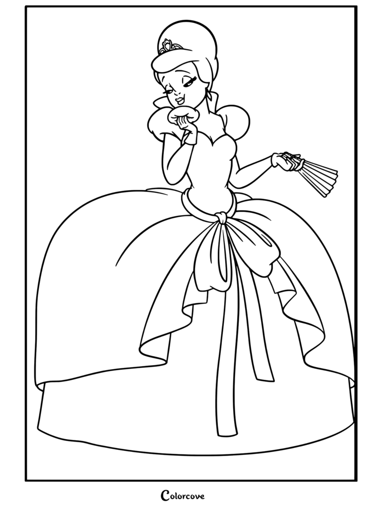 Dibujo para colorear imprimible de Charlotte La Bouff sosteniendo una borla para polvos y un abanico con un vestido de gala rosa de La Princesa y el Sapo.