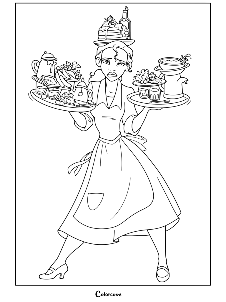 Dibujo para colorear de Tiana de La Princesa y el Sapo haciendo equilibrio con bandejas de comida y tortitas con expresión de agobio
