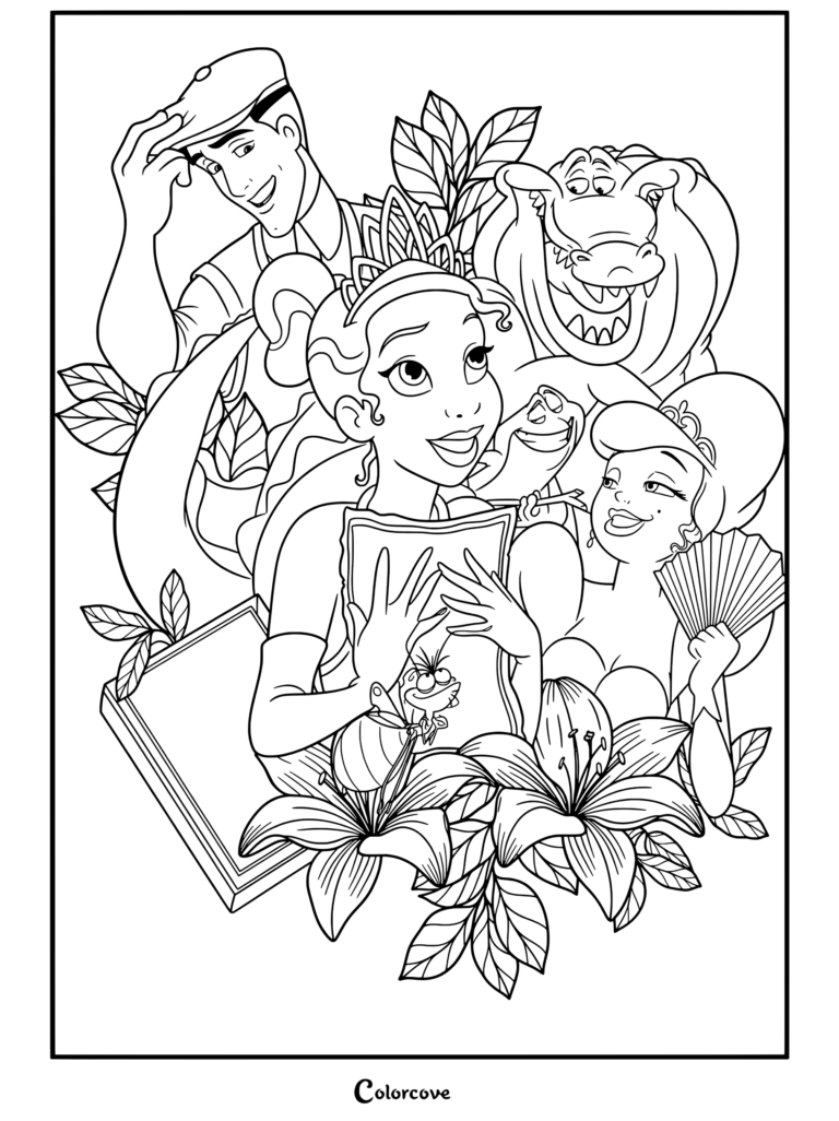 Dibujo para colorear imprimible de La Princesa y el Sapo con Tiana, el Príncipe Naveen, Louis, Ray y Charlotte en un retrato grupal con un libro y nenúfares.