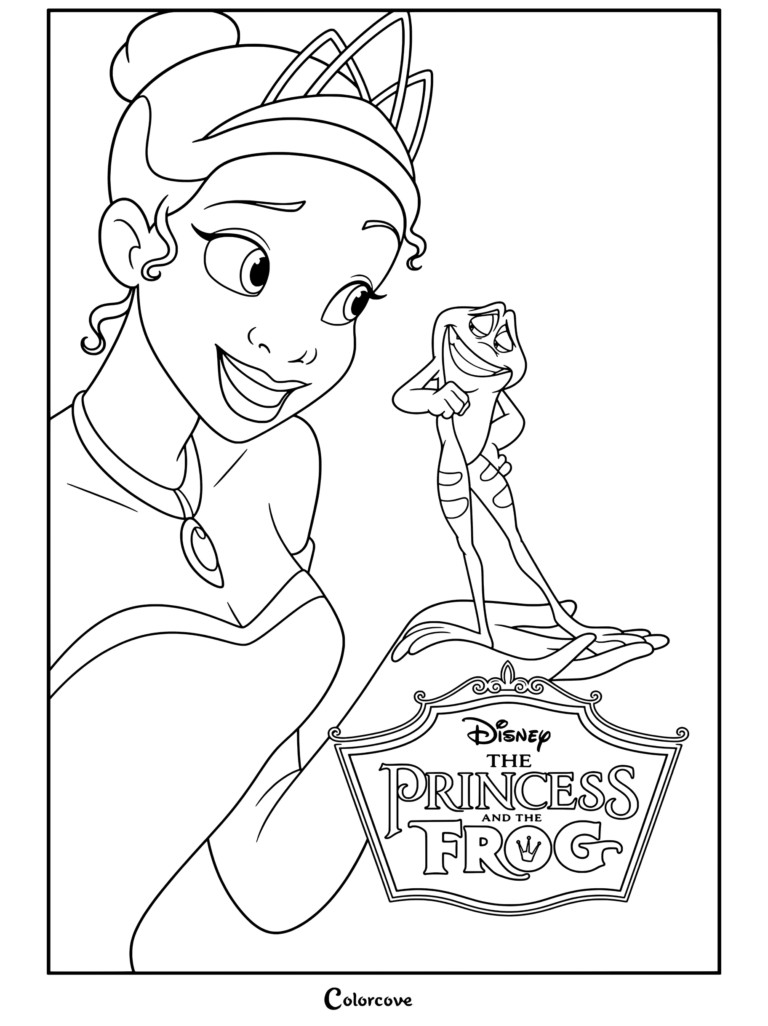 Dibujo para colorear de Tiana sonriendo con ternura mientras sostiene al Príncipe Naveen como sapo en su mano de La Princesa y el Sapo