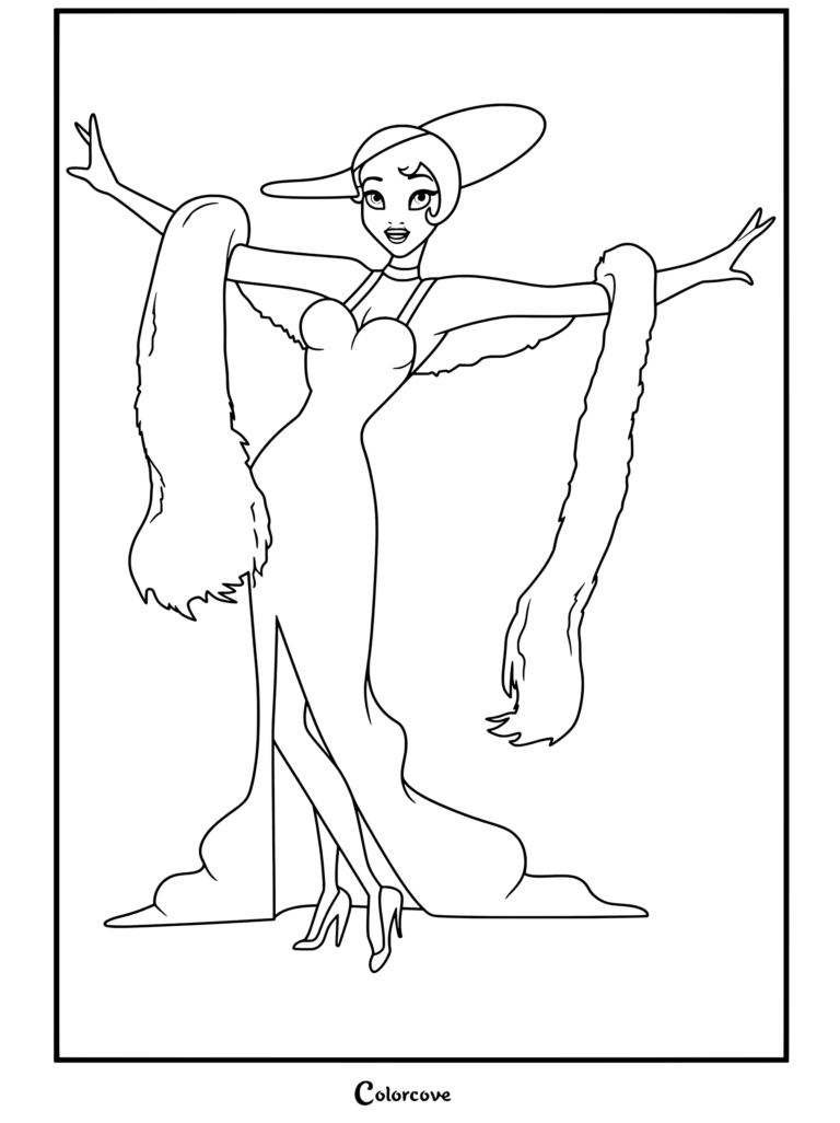 Dibujo para colorear de Tiana de La Princesa y el Sapo luciendo un elegante vestido de noche blanco, boa de plumas y sombrero de ala ancha en un glamuroso estilo vintage.