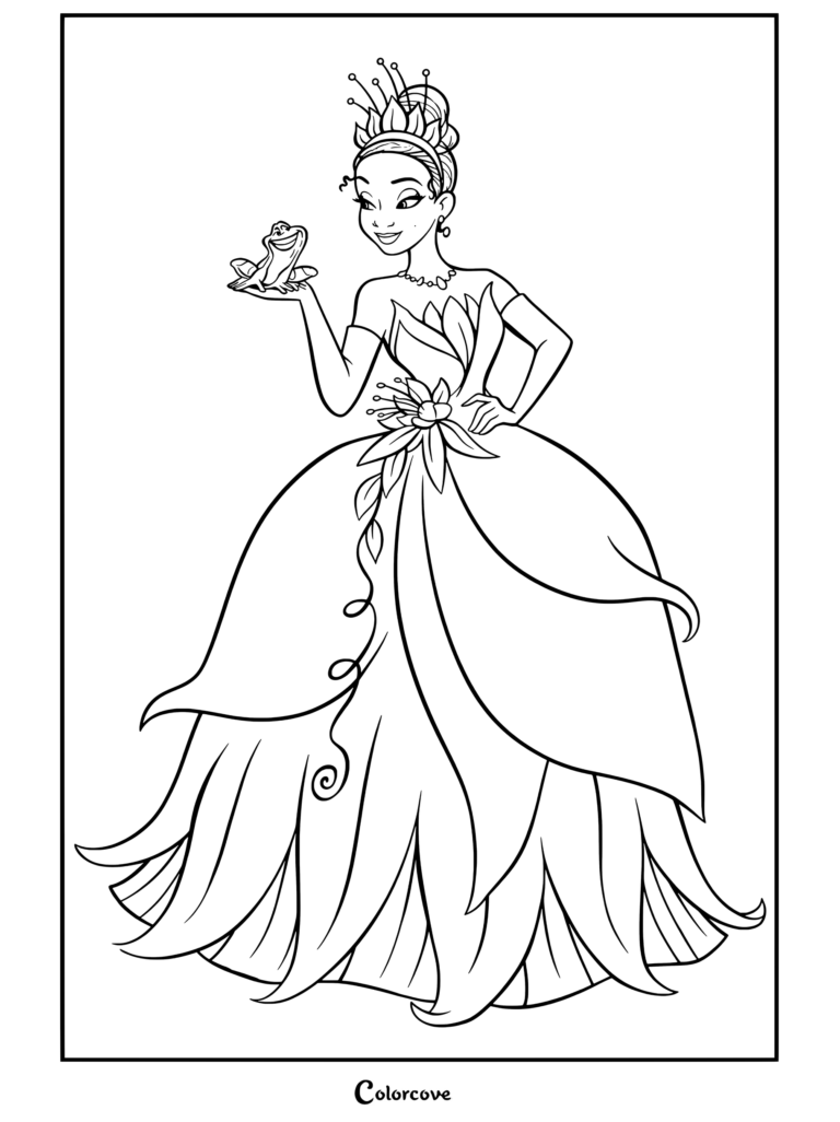 Dibujo para colorear para fans de La Princesa y el Sapo con Tiana luciendo su icónico vestido de gala verde de nenúfar mientras sostiene al Príncipe Naveen como sapo en su mano.