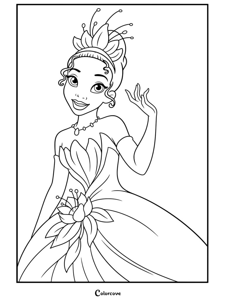 Dibujo para colorear imprimible de Tiana luciendo su brillante vestido de gala verde de nenúfar y tiara, sonriendo cálidamente con la mano alzada, de La Princesa y el Sapo.
