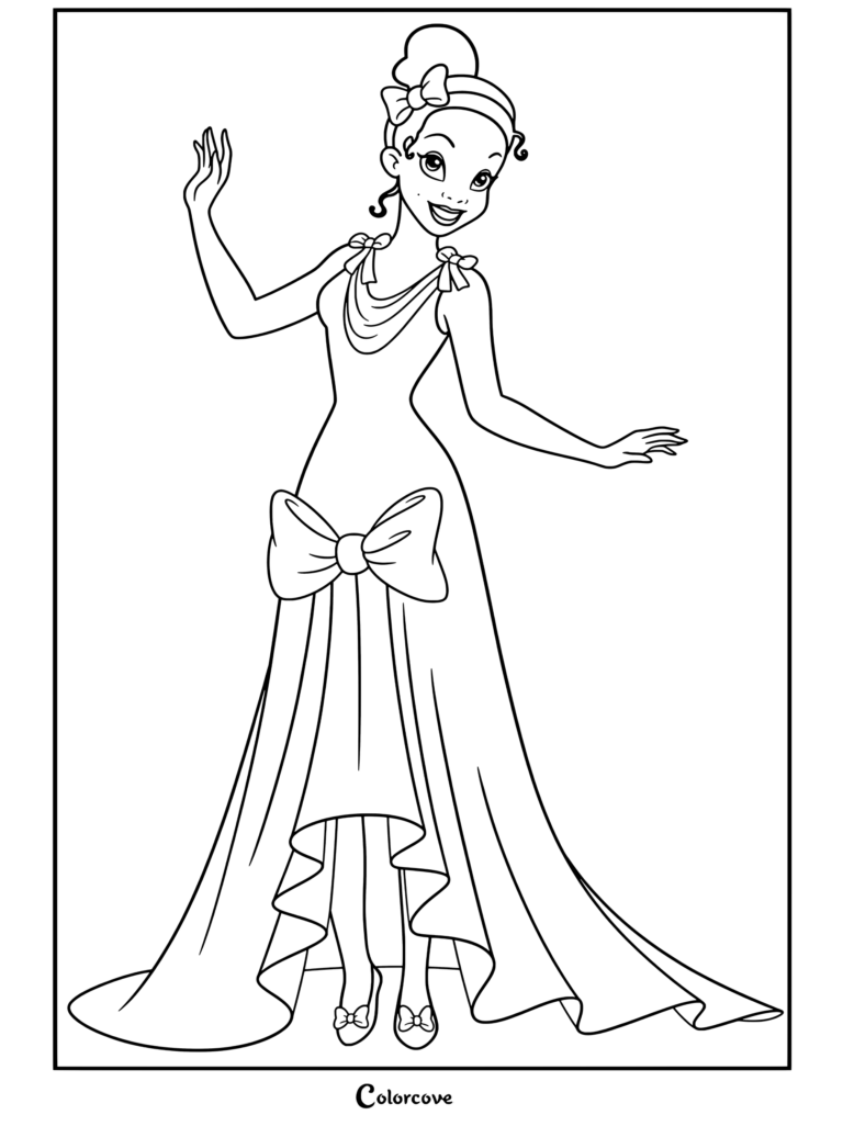Dibujo para colorear de Tiana con vestido lavanda, lazo rosa y diadema saludando con la mano de La Princesa y el Sapo