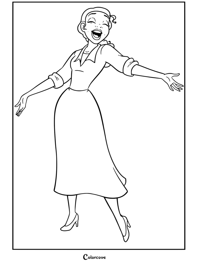 Dibujo para colorear de Tiana con vestido amarillo cantando alegremente con los brazos abiertos de La Princesa y el Sapo