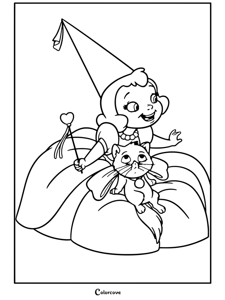 Dibujo para colorear imprimible de Charlotte La Bouff de niña de La Princesa y el Sapo sosteniendo una varita mágica y acariciando a un gato blanco.