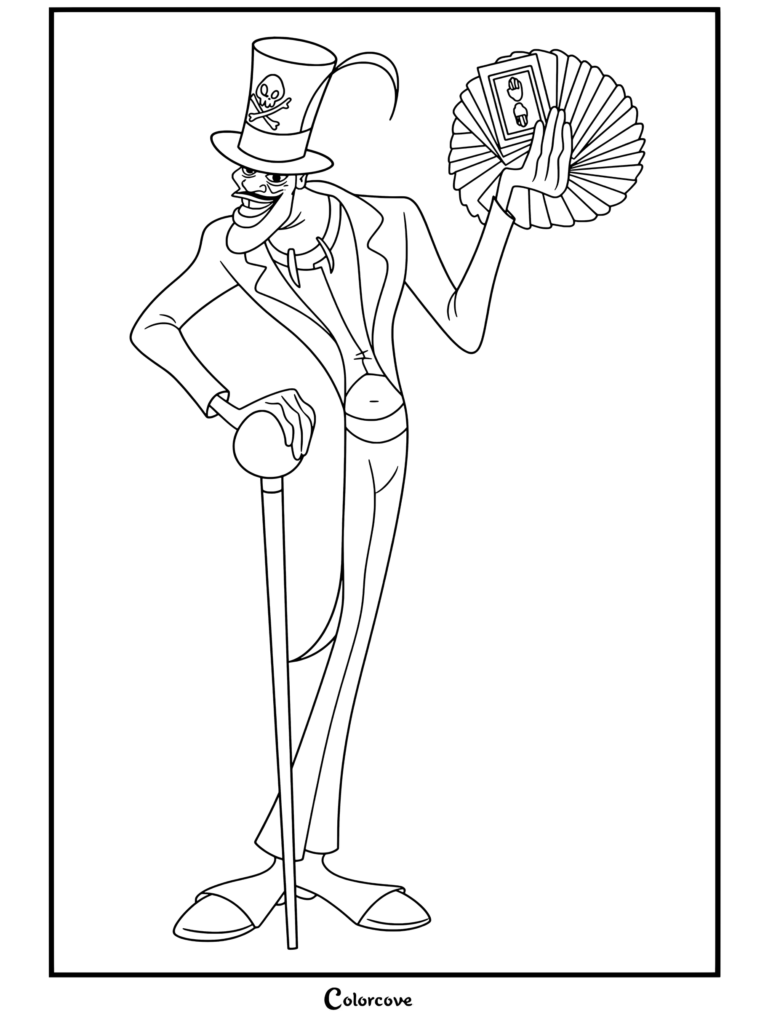 Dibujo para colorear de Doctor Facilier erguido sosteniendo una baraja de tarot en abanico y un bastón de La Princesa y el Sapo
