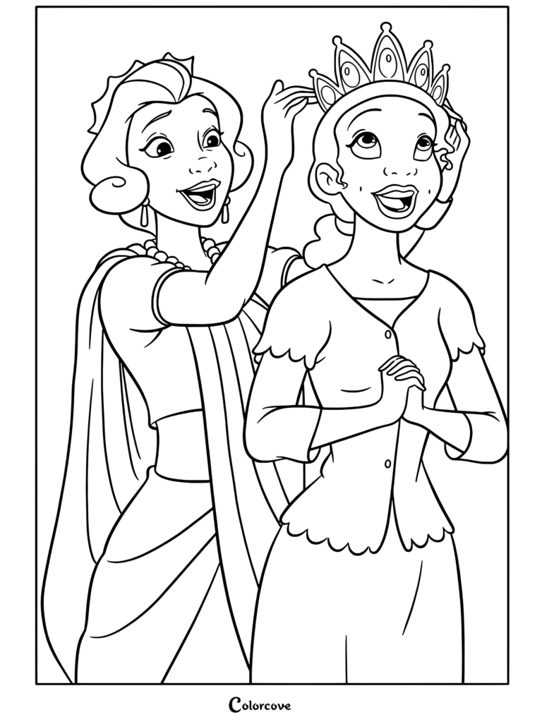 Dibujo para colorear de Eudora colocando una corona en la cabeza de Tiana de La Princesa y el Sapo