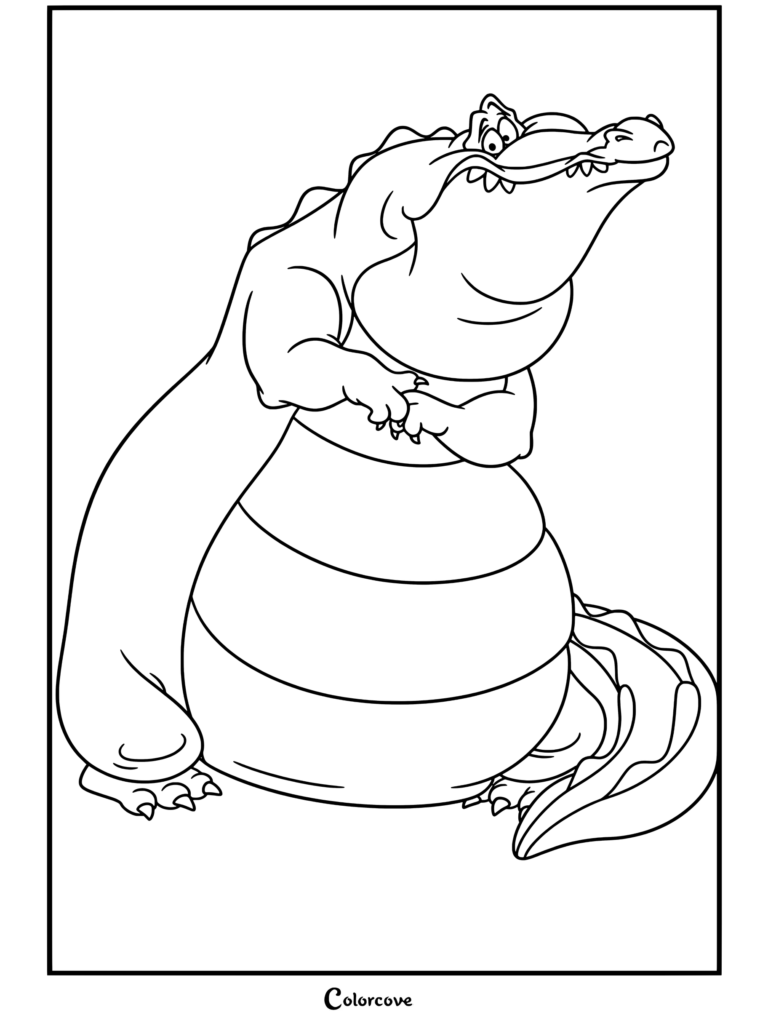 Dibujo para colorear del caimán Louis de La Princesa y el Sapo de pie tímidamente con las manos juntas y una sonrisa