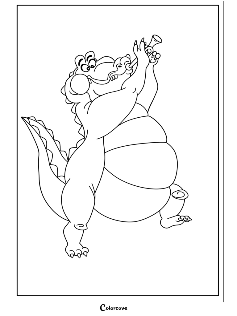 Dibujo para colorear imprimible del caimán Louis tocando la trompeta con alegría sobre su sombra de La Princesa y el Sapo.
