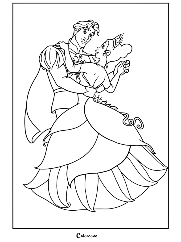 Dibujo para colorear inspirado en La Princesa y el Sapo con Naveen y Tiana bailando juntos con trajes reales verde claro