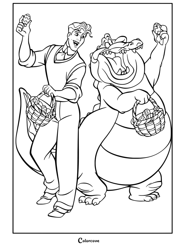 Dibujo para colorear de La Princesa y el Sapo con el Príncipe Naveen y Louis sosteniendo cestas de Pascua y huevos decorados.