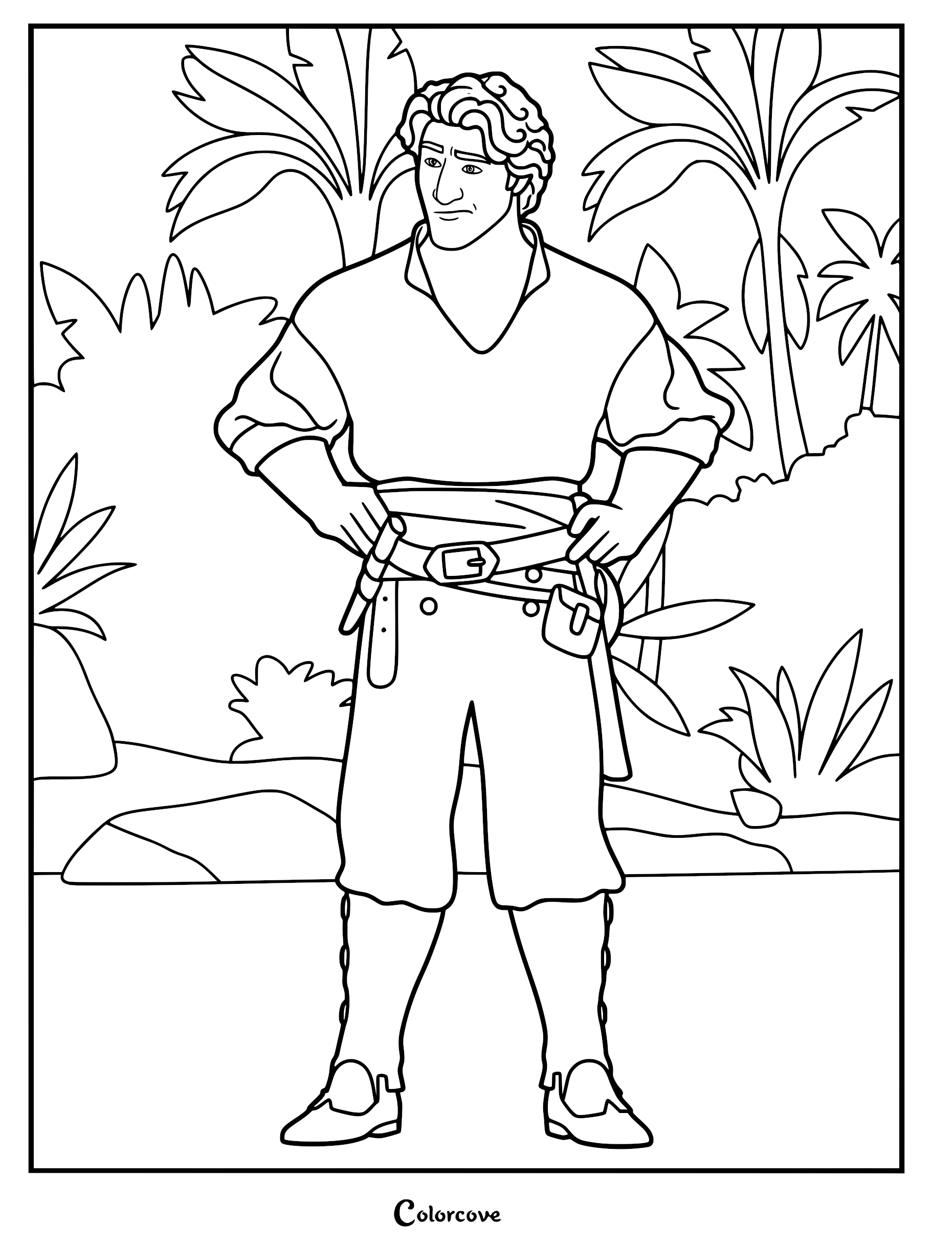 Jacob Holland from The Sea Beast standing confidently with hands on hips, set against a lush tropical island background in this printable coloring page.