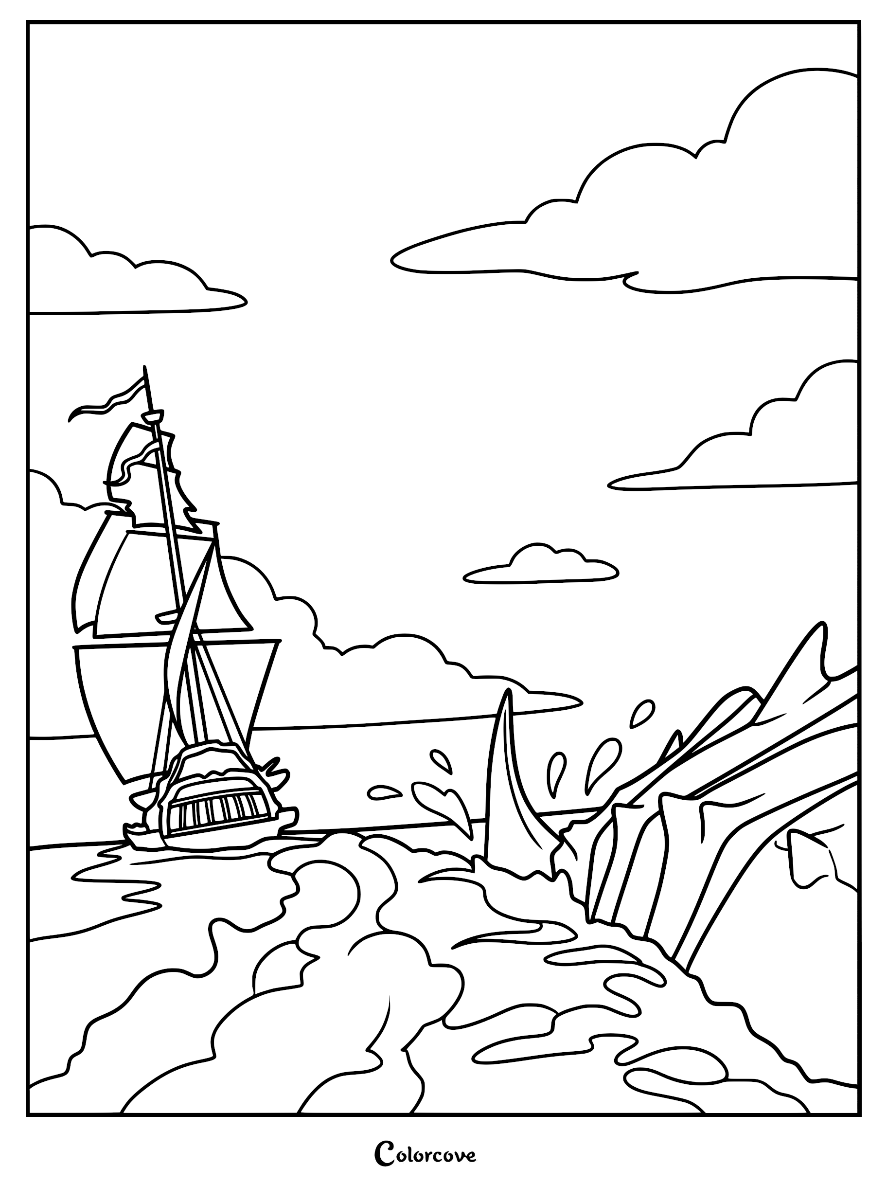 A detailed coloring page of The Inevitable ship sailing through choppy ocean waves near towering rocky cliffs with fluffy clouds in the sky.