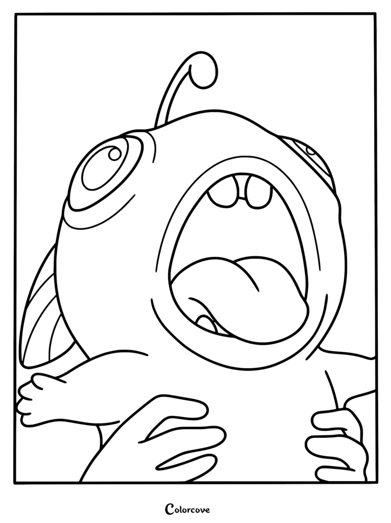 Close-up line art coloring page of the friendly sea beast Blue with a glowing lure, large eyes, and an open mouth being held by human hands.