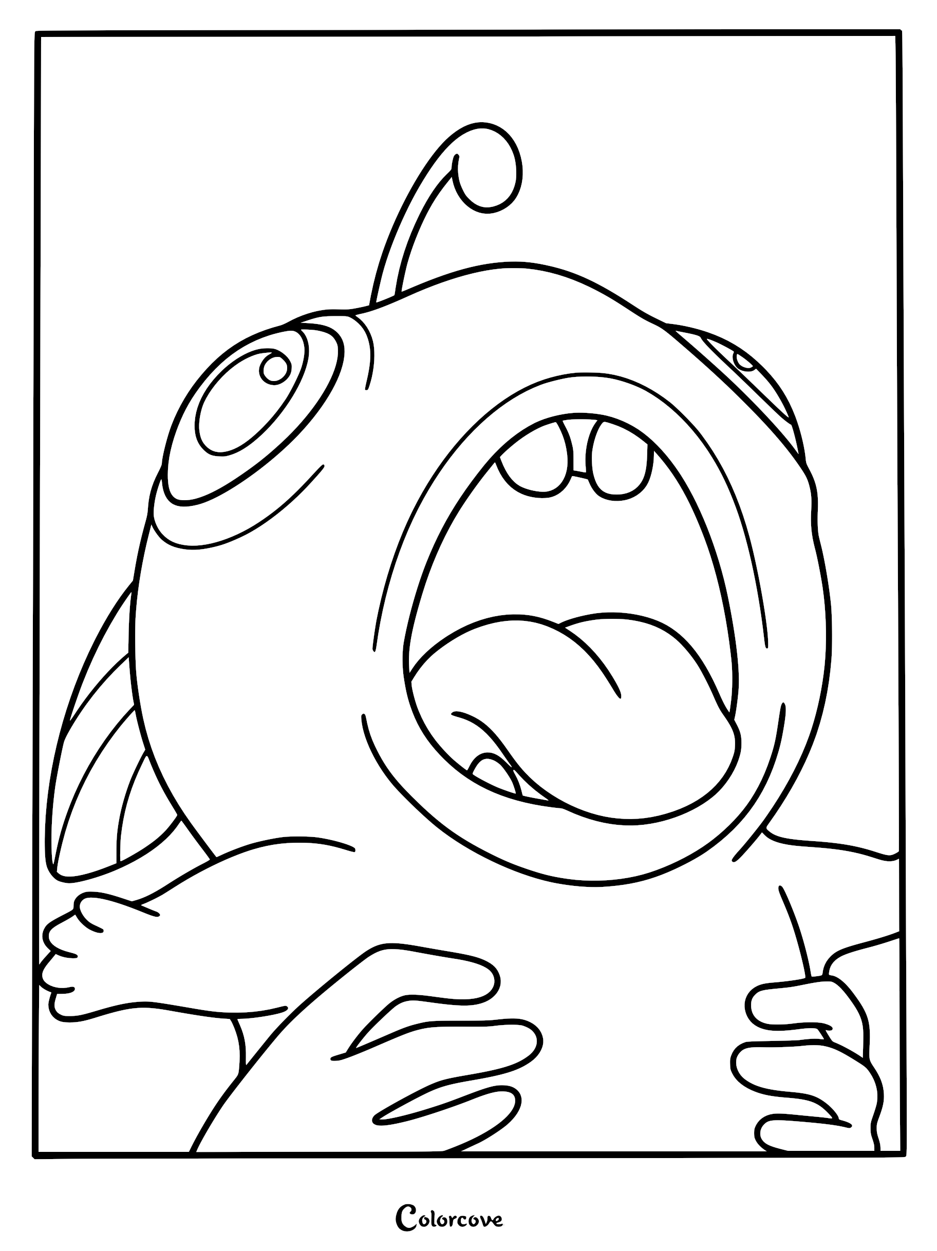 Close-up line art coloring page of the friendly sea beast Blue with a glowing lure, large eyes, and an open mouth being held by human hands.