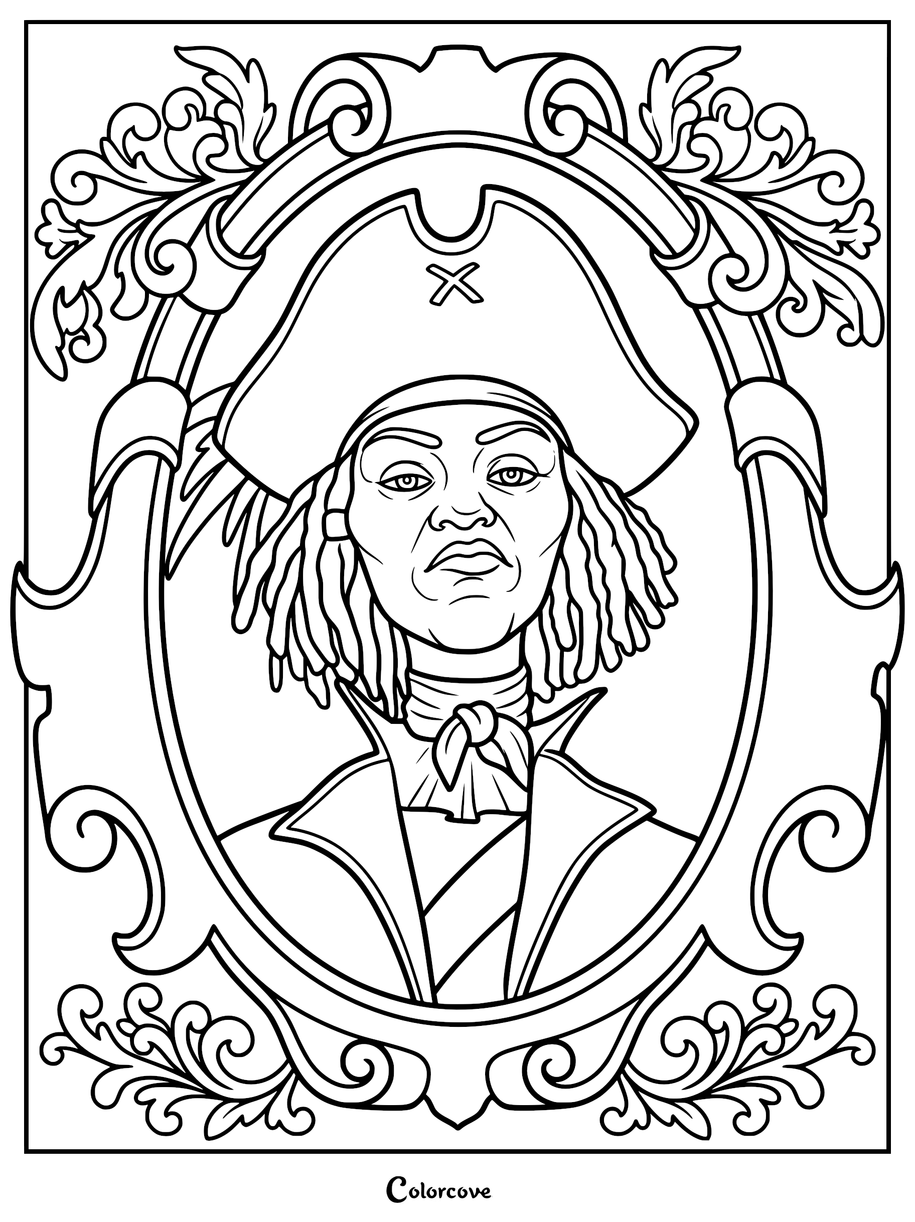 A detailed coloring page of Captain Sarah Sharpe from The Sea Beast, wearing her signature tricorn hat and neckerchief, framed in an ornate vintage oval border.