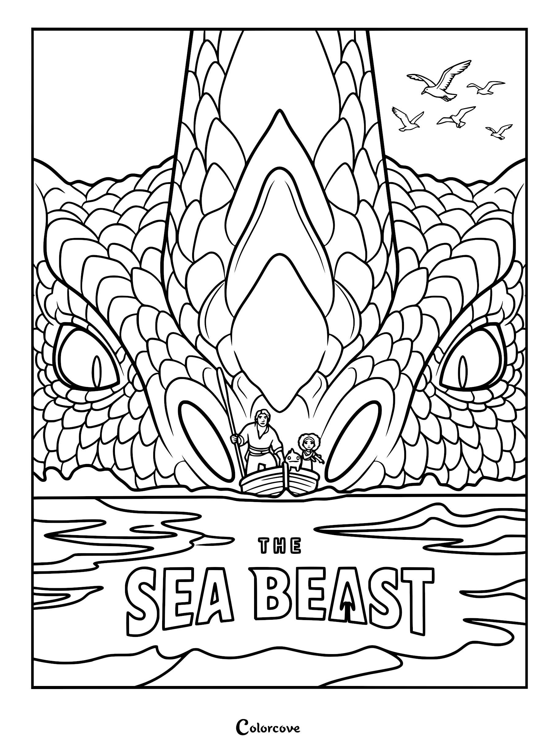 A detailed coloring page of Jacob Holland, Maisie Brumble, and Blue in a small rowboat, centered in front of the massive, scaly head of Red the Sea Beast with seagulls flying overhead.