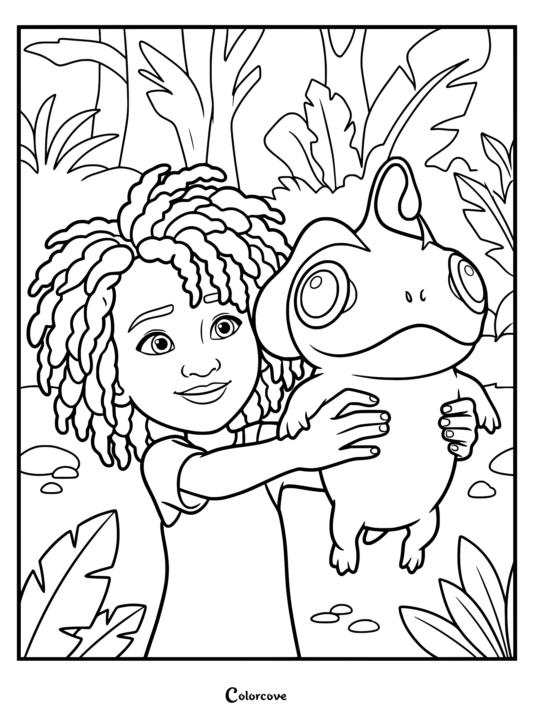 Maisie Brumble holding the gentle sea beast Blue in a jungle setting, available as a printable coloring page.
