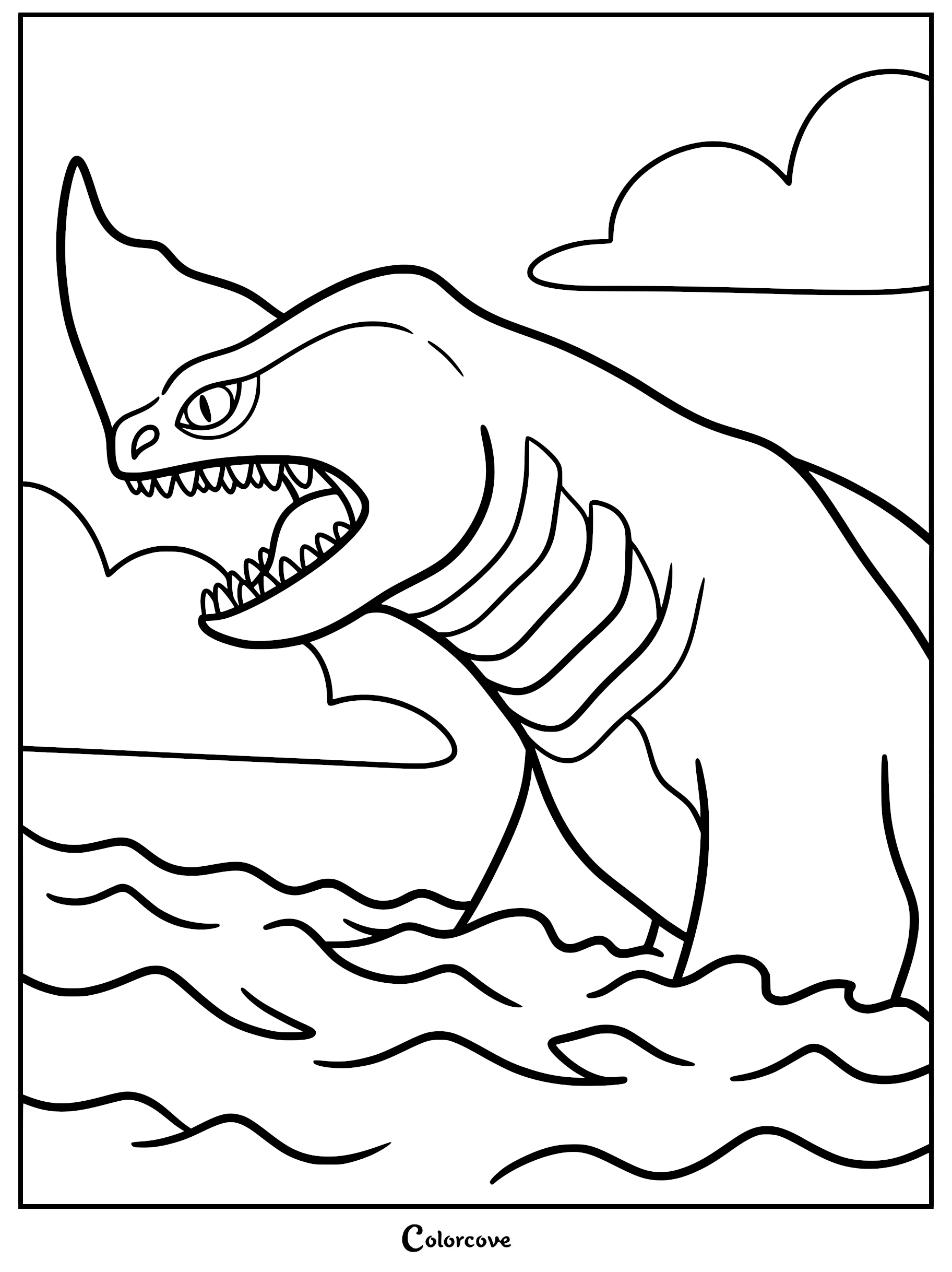 A detailed coloring page of Red, the legendary sea beast from The Sea Beast, emerging from ocean waves with a mouth agape.