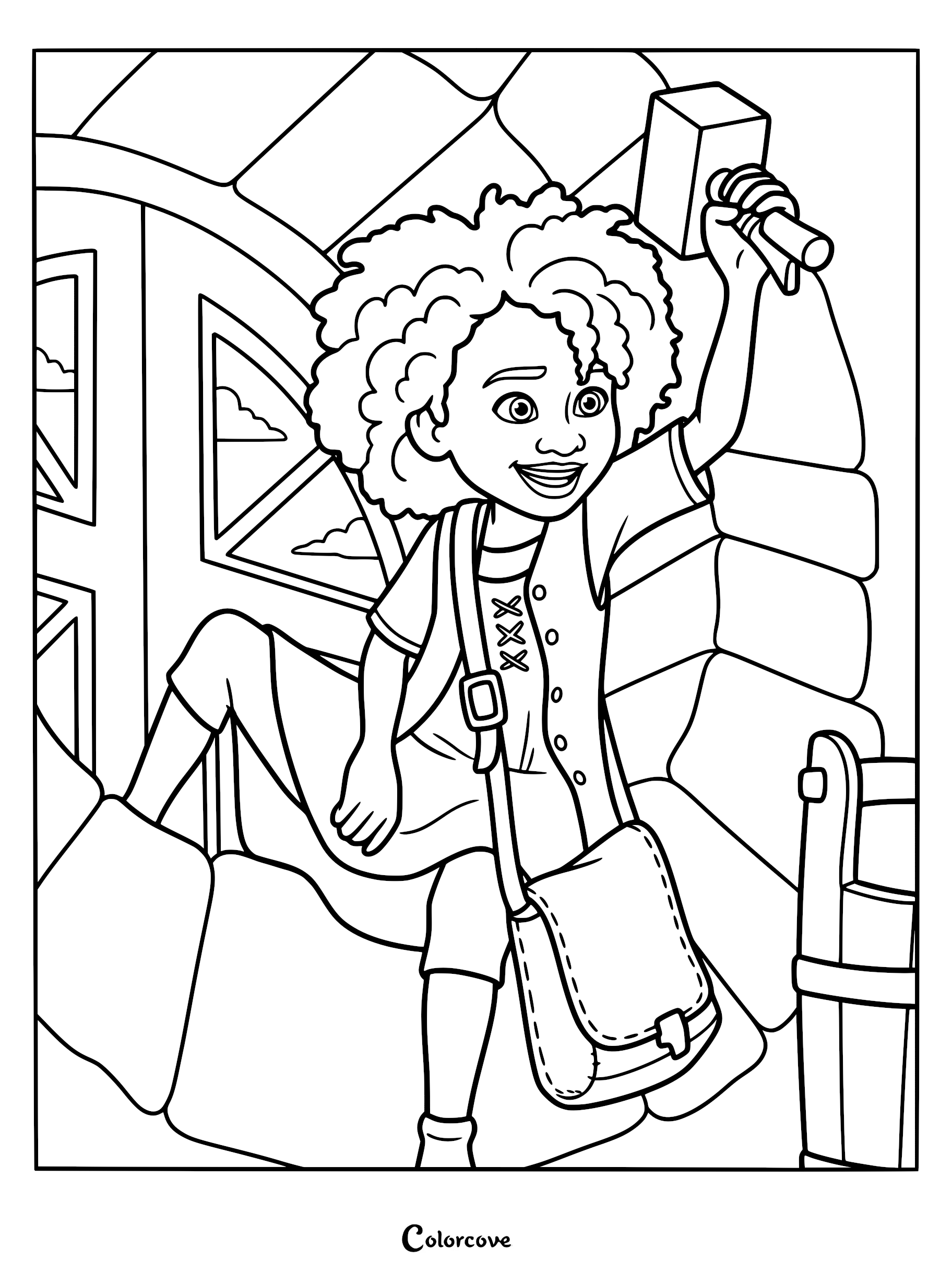 A printable coloring page of Maisie Brumble from The Sea Beast, holding a telescope and wearing her signature satchel while aboard the ship.