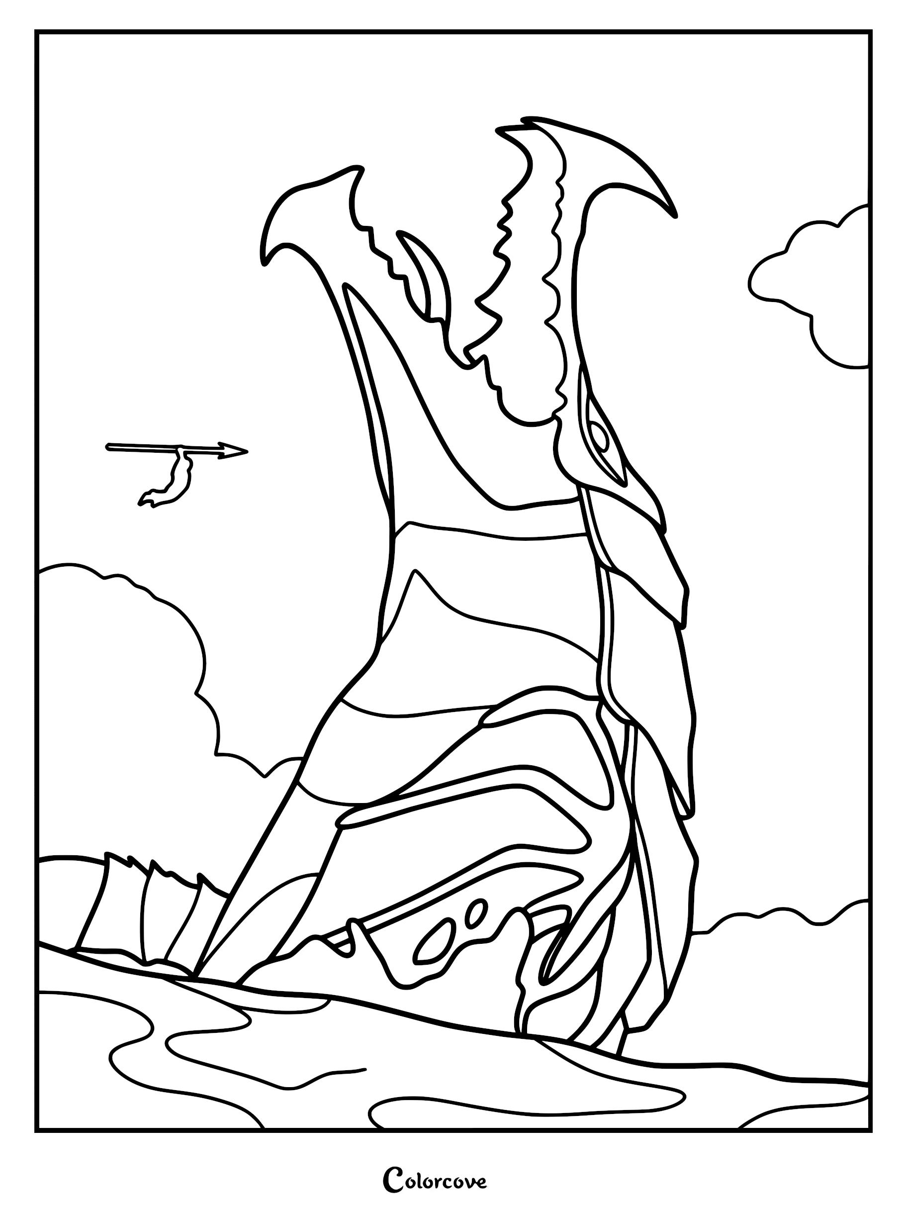 A detailed coloring page featuring the giant sea beast Red Bluster emerging from the ocean with its mouth wide open as a hunter aims a spear in the background.