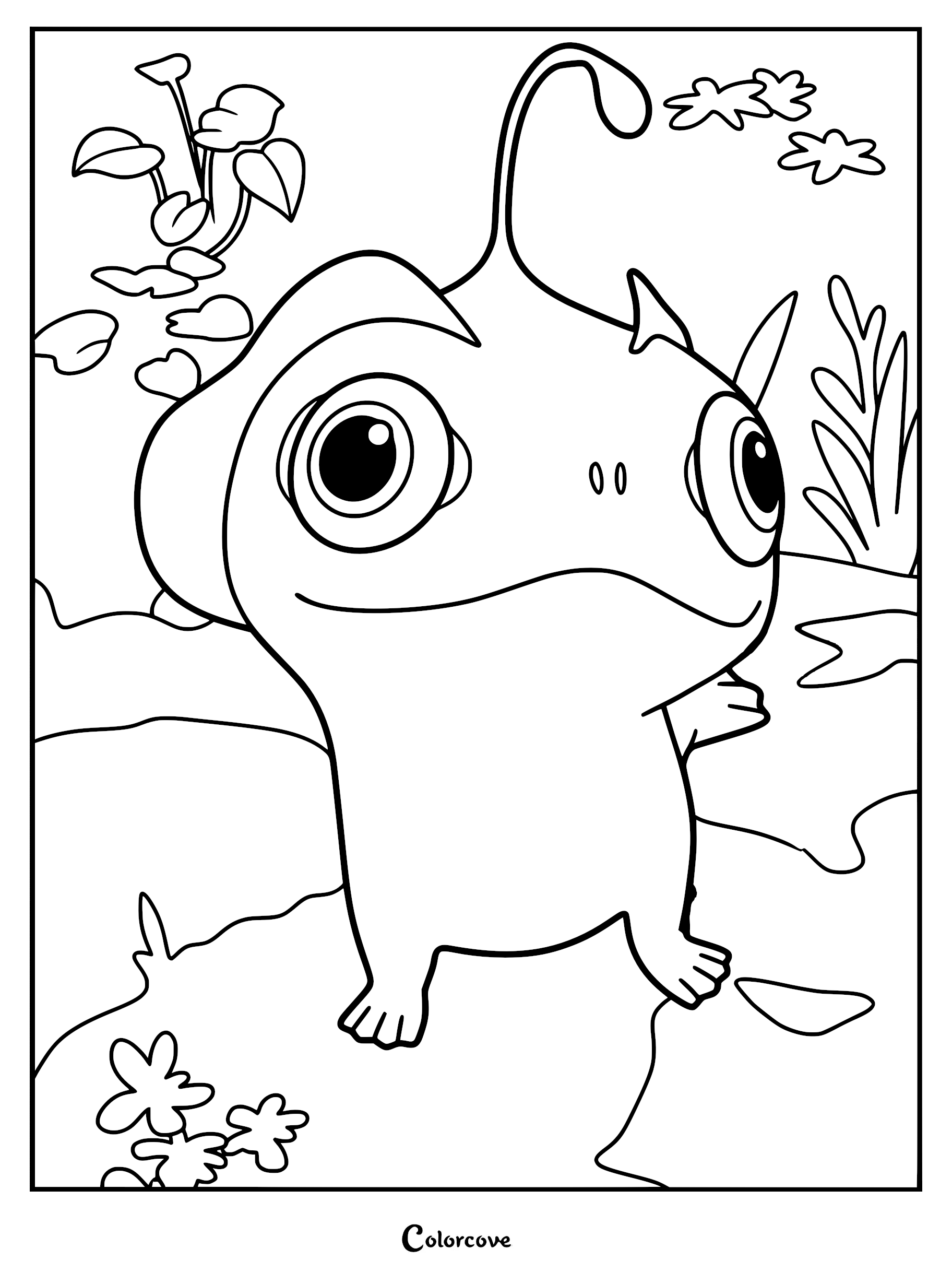 A cute printable coloring page featuring Blue, the small, friendly creature from The Sea Beast, standing in a whimsical aquatic environment with lily pads and underwater plants.