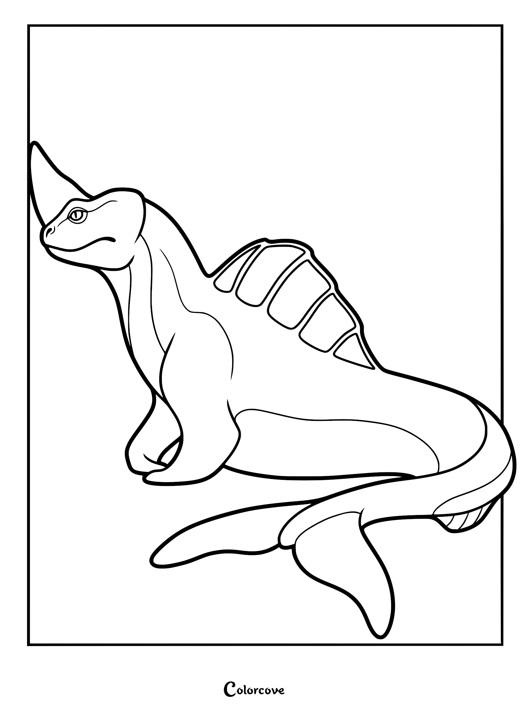 A detailed coloring page of Red, the legendary sea beast from The Sea Beast, featuring her iconic dorsal fin and large tail.