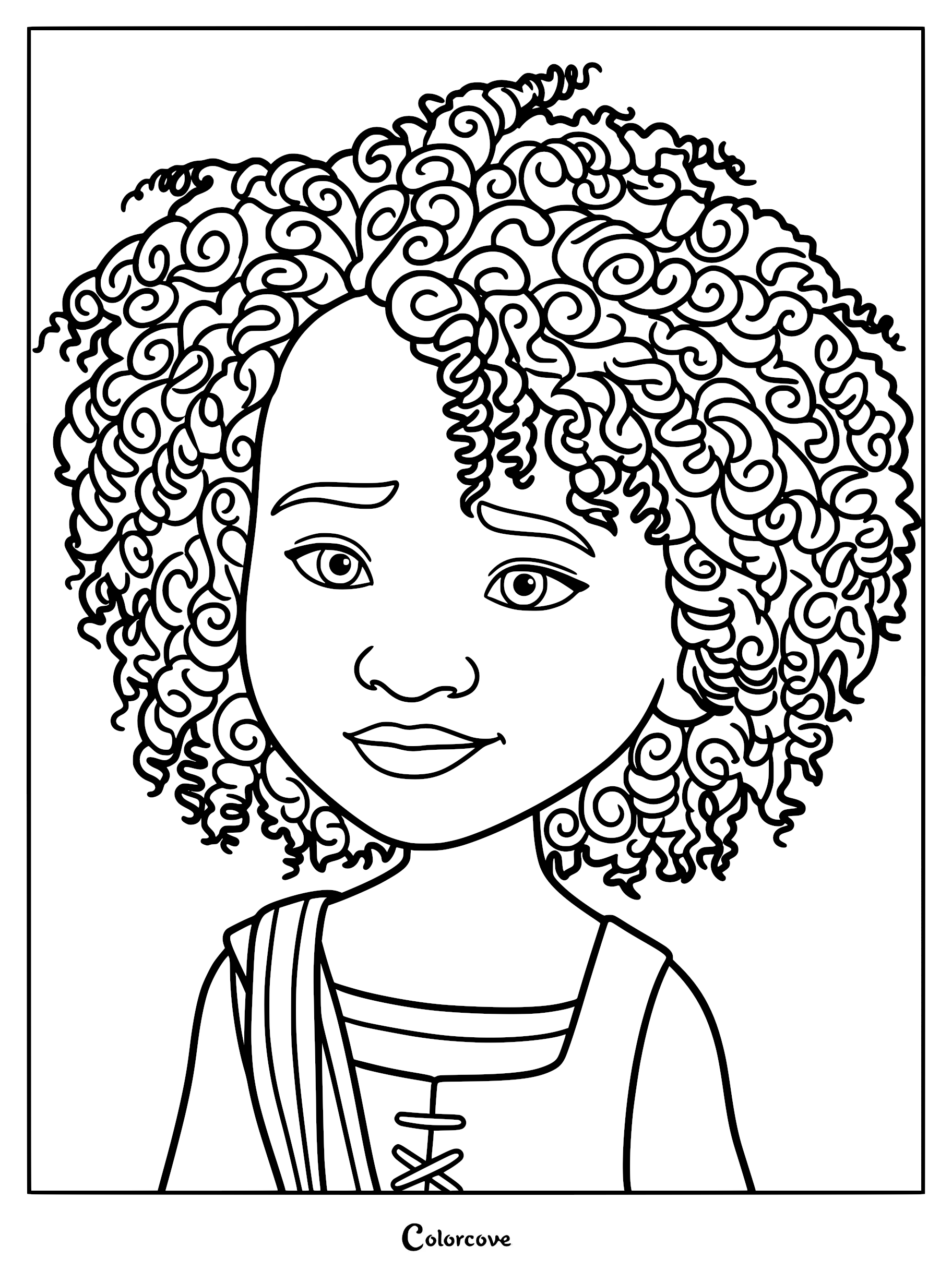 A detailed coloring page featuring a front-facing portrait of Maisie Brumble from The Sea Beast, showcasing her iconic voluminous curly hair and adventurous expression.