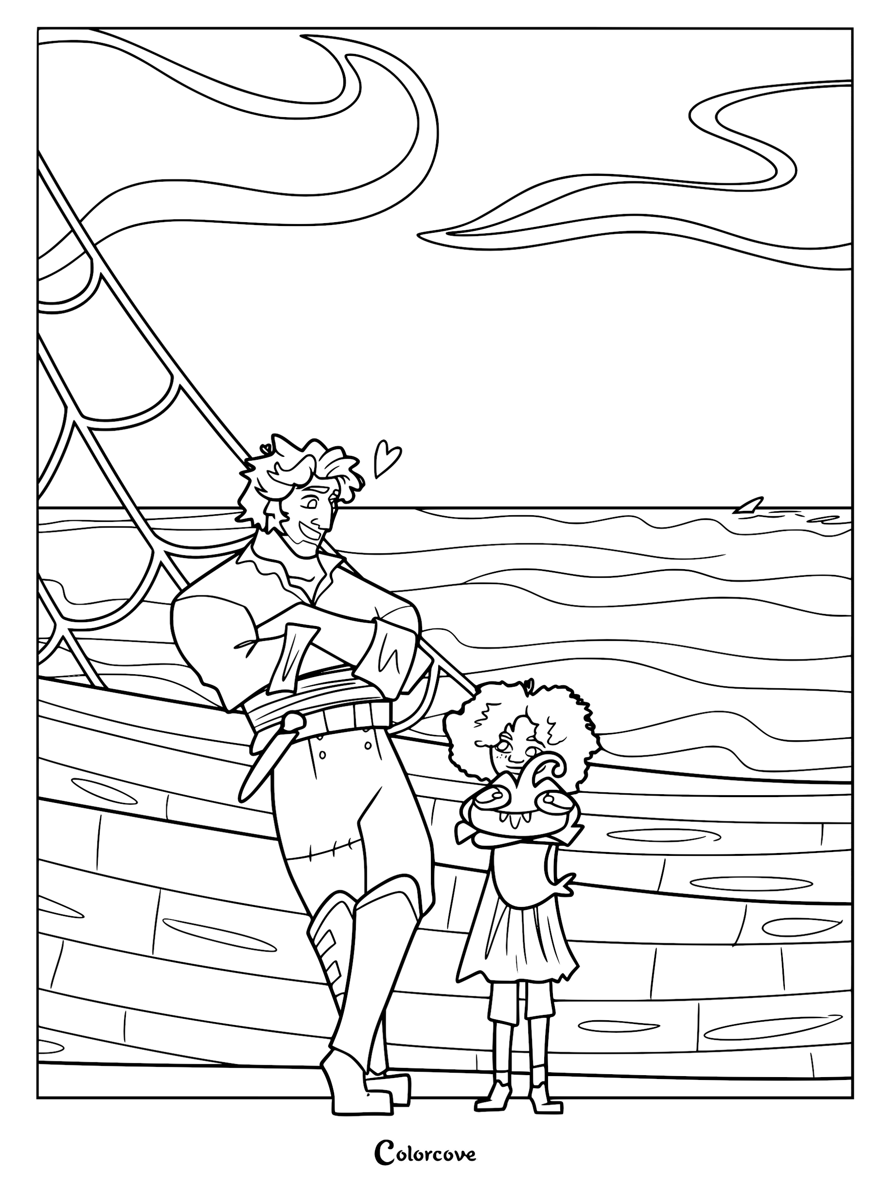 Printable line art coloring page featuring Jacob Holland leaning on a ship's rail while Maisie Brumble holds the small sea beast Blue against a backdrop of the ocean and clouds.