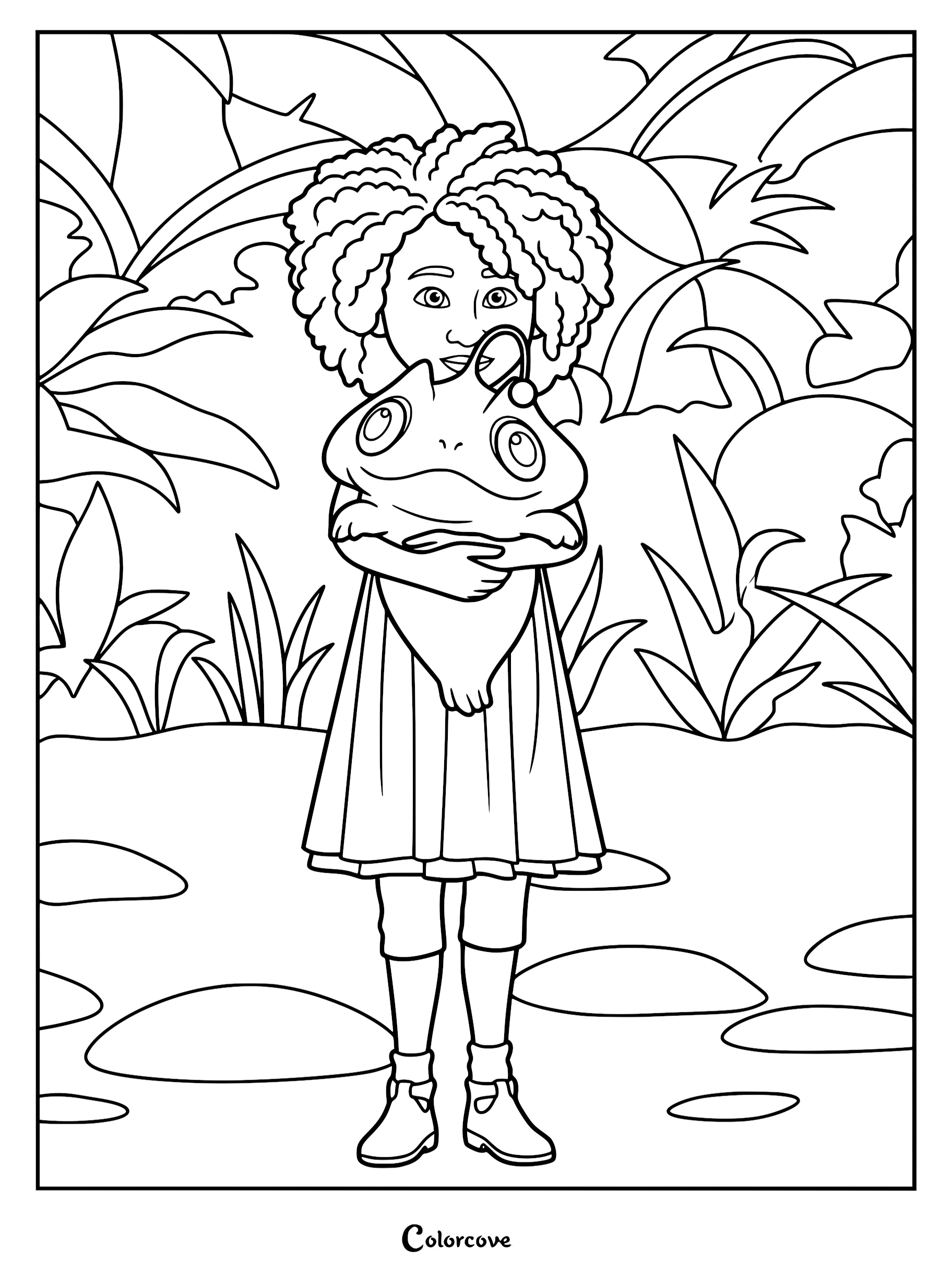 Maisie Brumble holding the small sea beast Blue in a jungle setting, detailed line art coloring page.