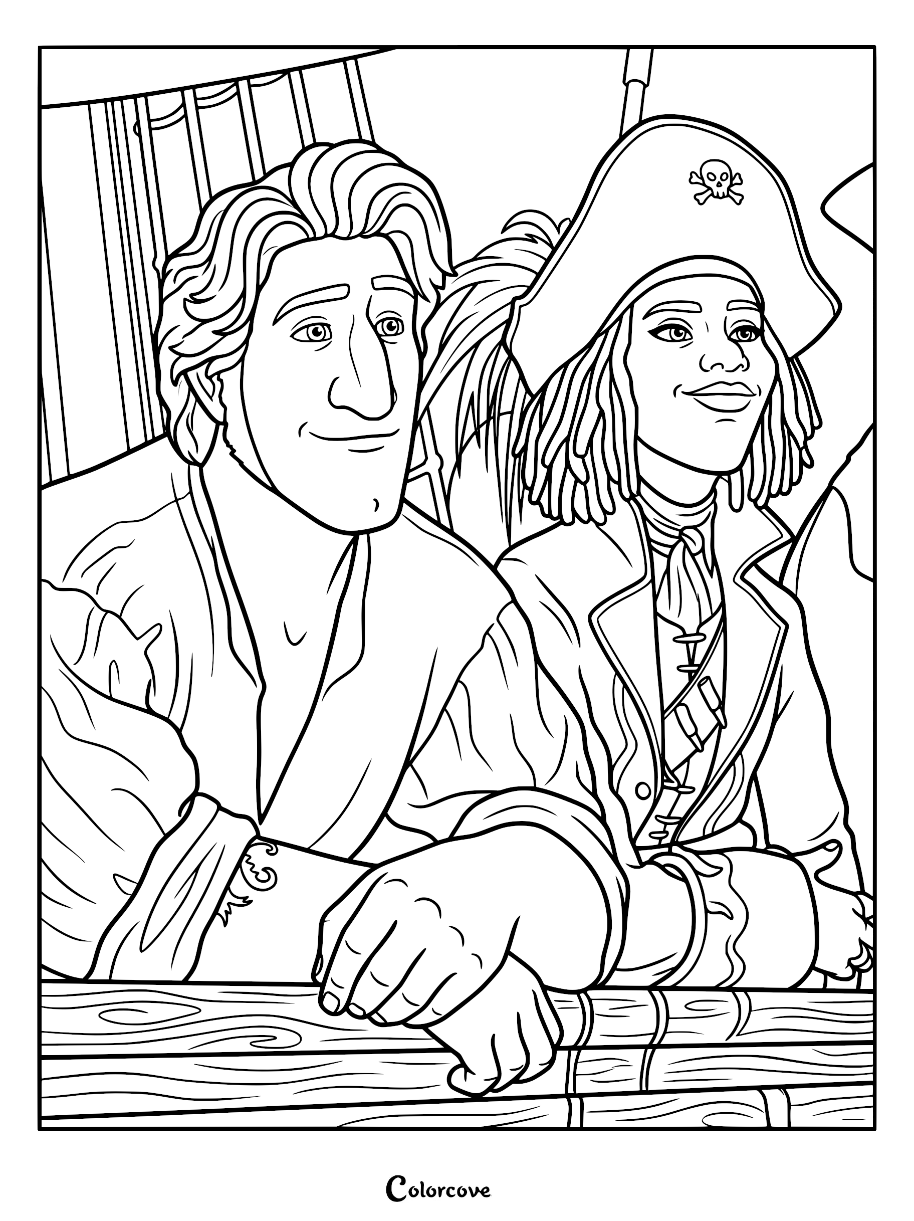 Jacob Holland and Sarah Sharpe standing together on the deck of a ship in this printable coloring page from The Sea Beast.