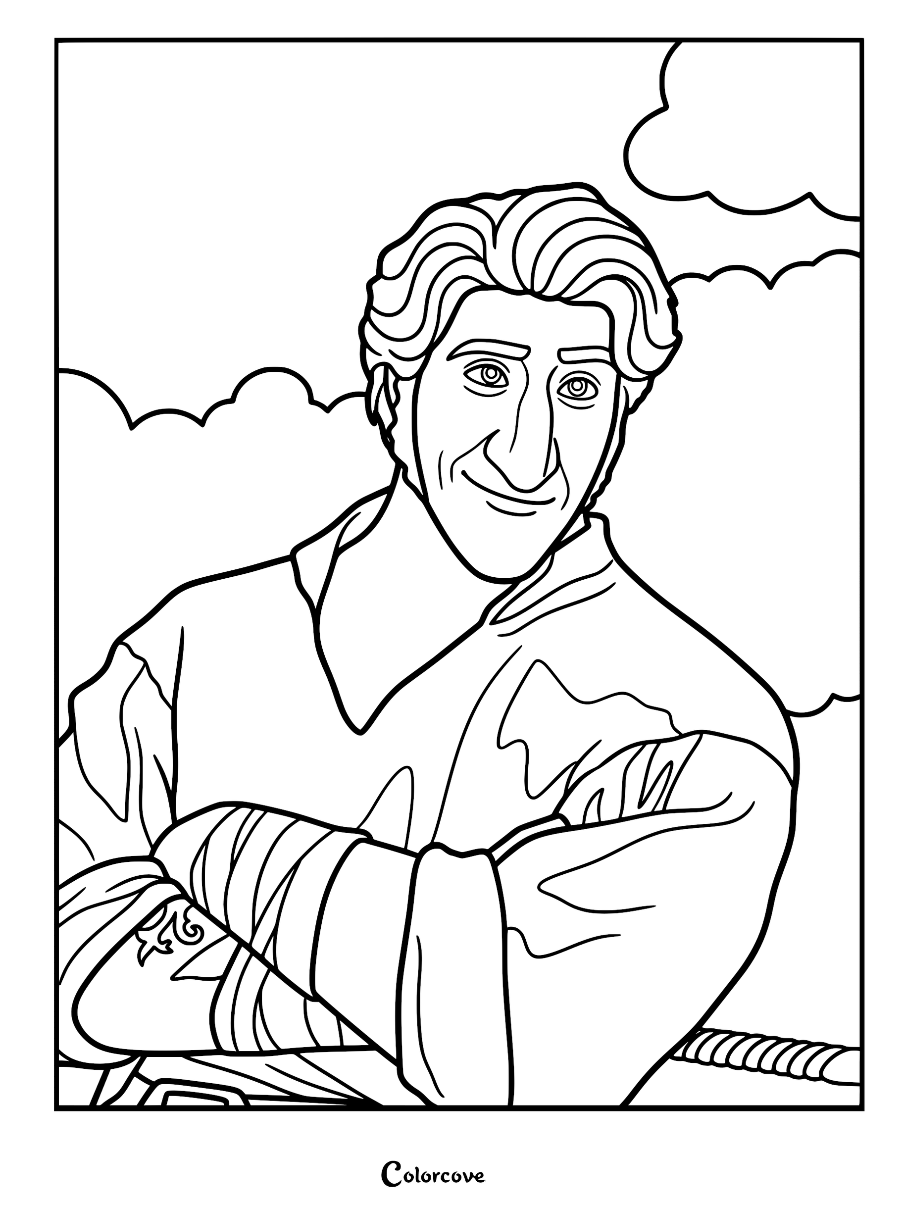 A detailed line art coloring page featuring Jacob Holland from The Sea Beast with his arms crossed and wearing bandages on his forearms against a cloudy sky.