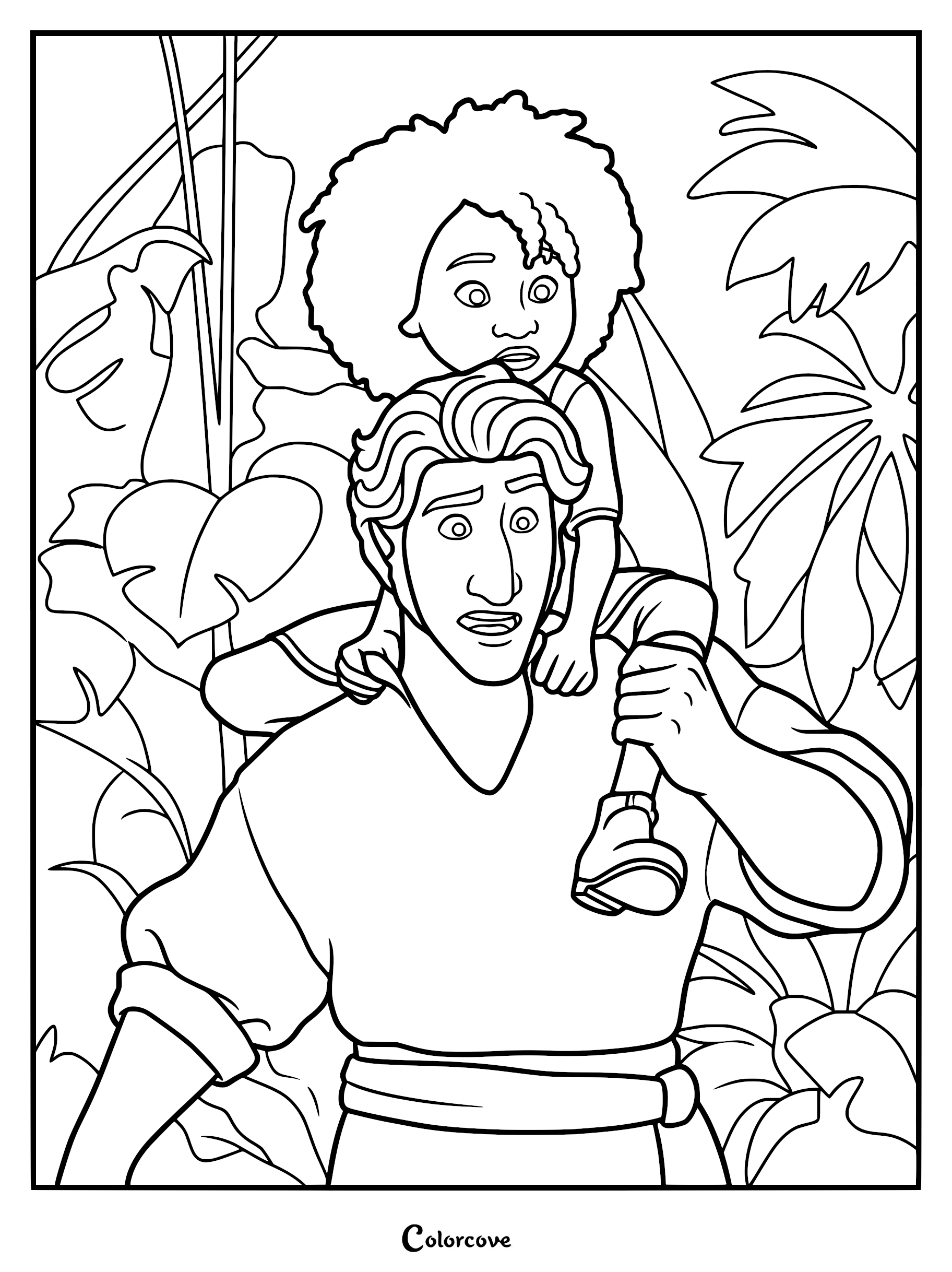 Maisie Brumble sitting on Jacob Holland's shoulders in a tropical jungle setting, a printable coloring page of The Sea Beast characters.