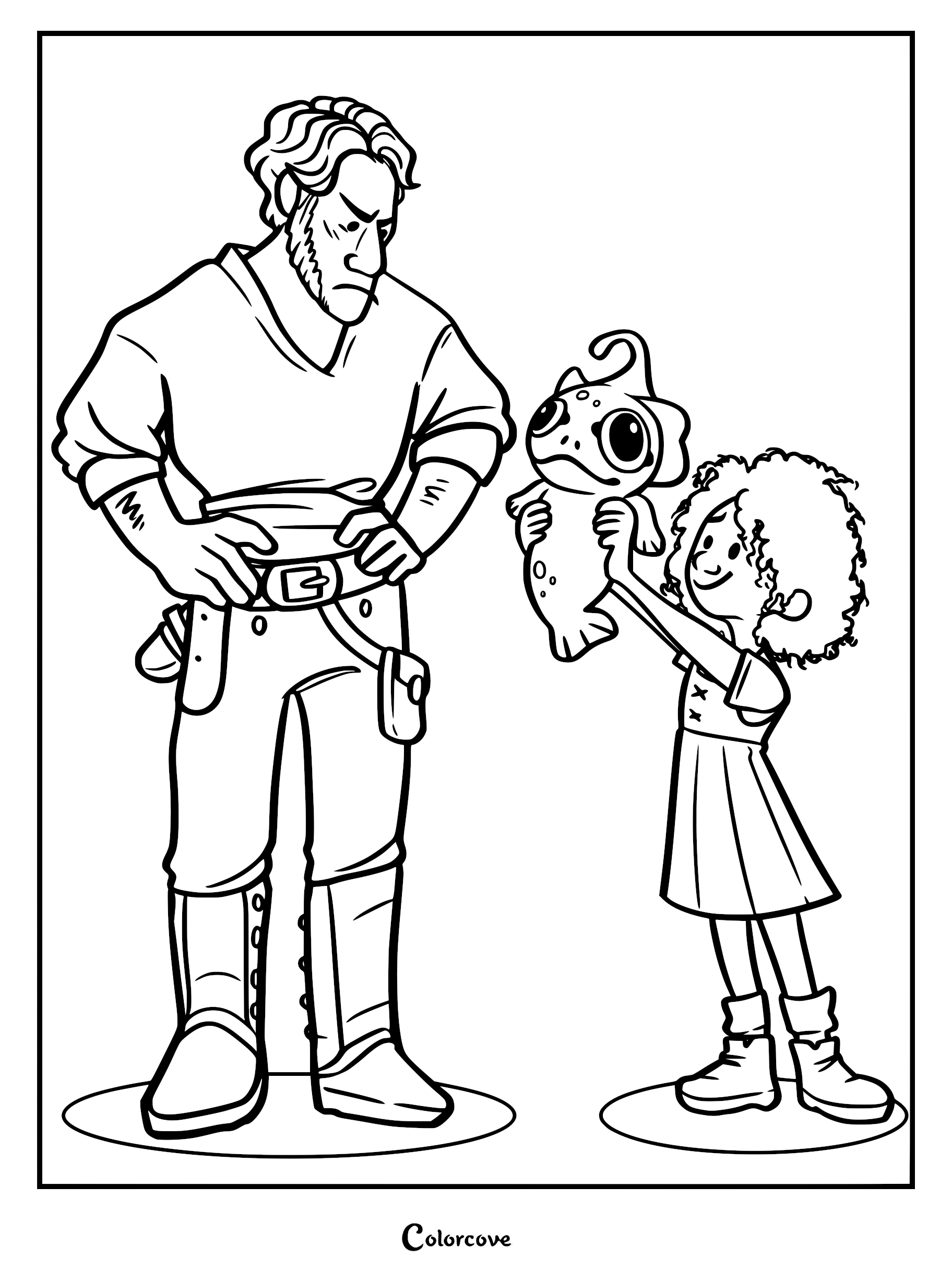 A printable coloring page featuring Jacob Holland standing with his hands on his hips, looking down at Maisie Brumble, who is happily holding up a small, cute sea beast named Blue.