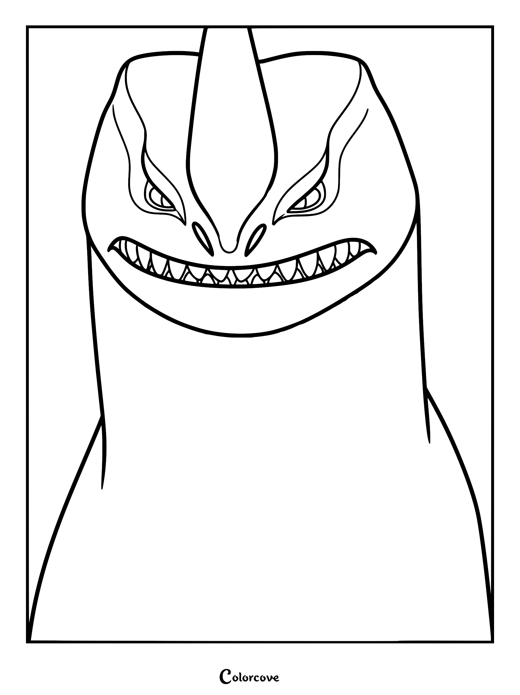 A printable coloring page featuring a close-up, front-facing line art illustration of Red, the legendary sea beast from The Sea Beast, showing her sharp teeth and intense gaze.