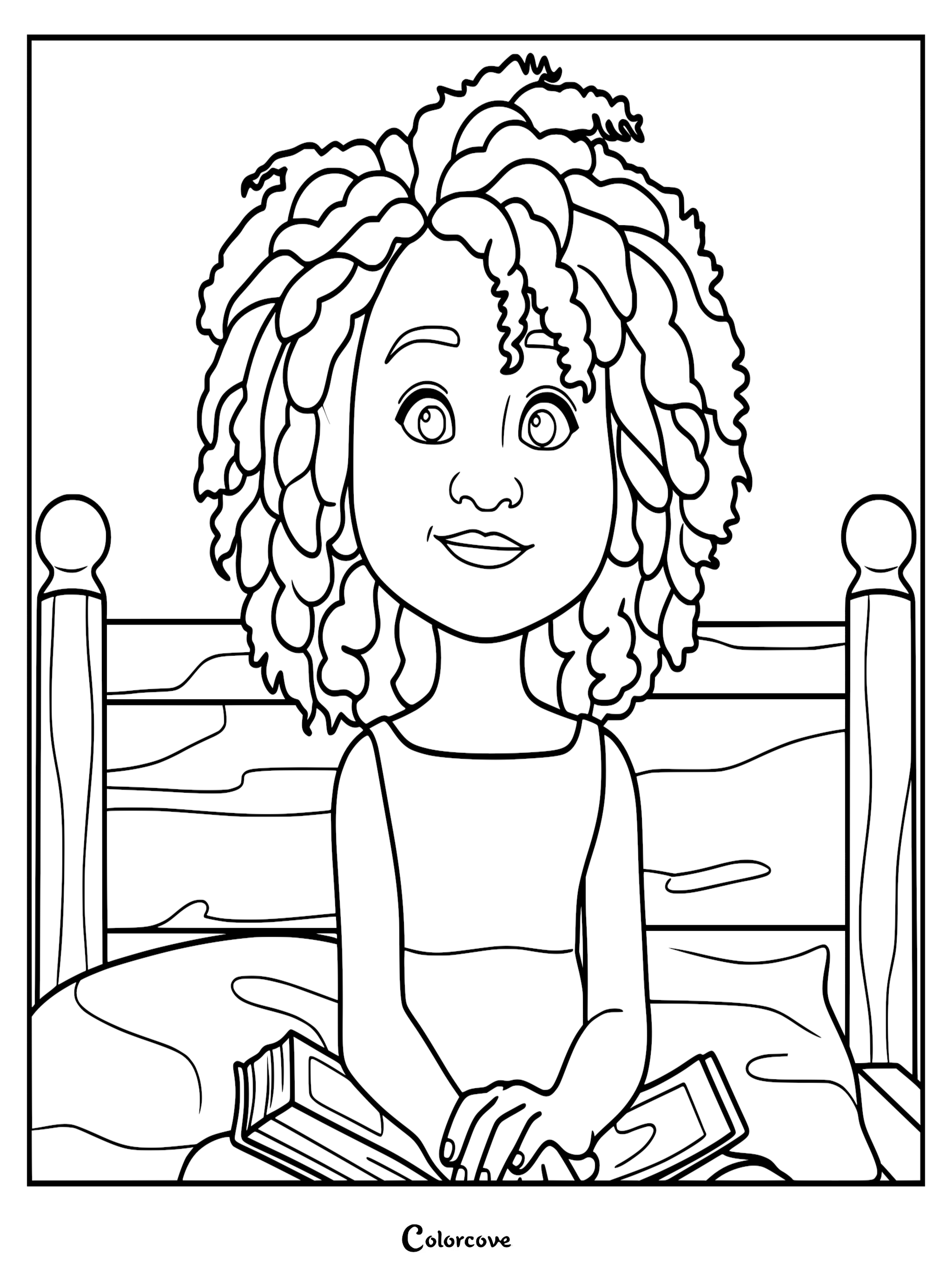 Maisie Brumble sitting on a bed with a book in her lap, detailed line art coloring page of the character from The Sea Beast.