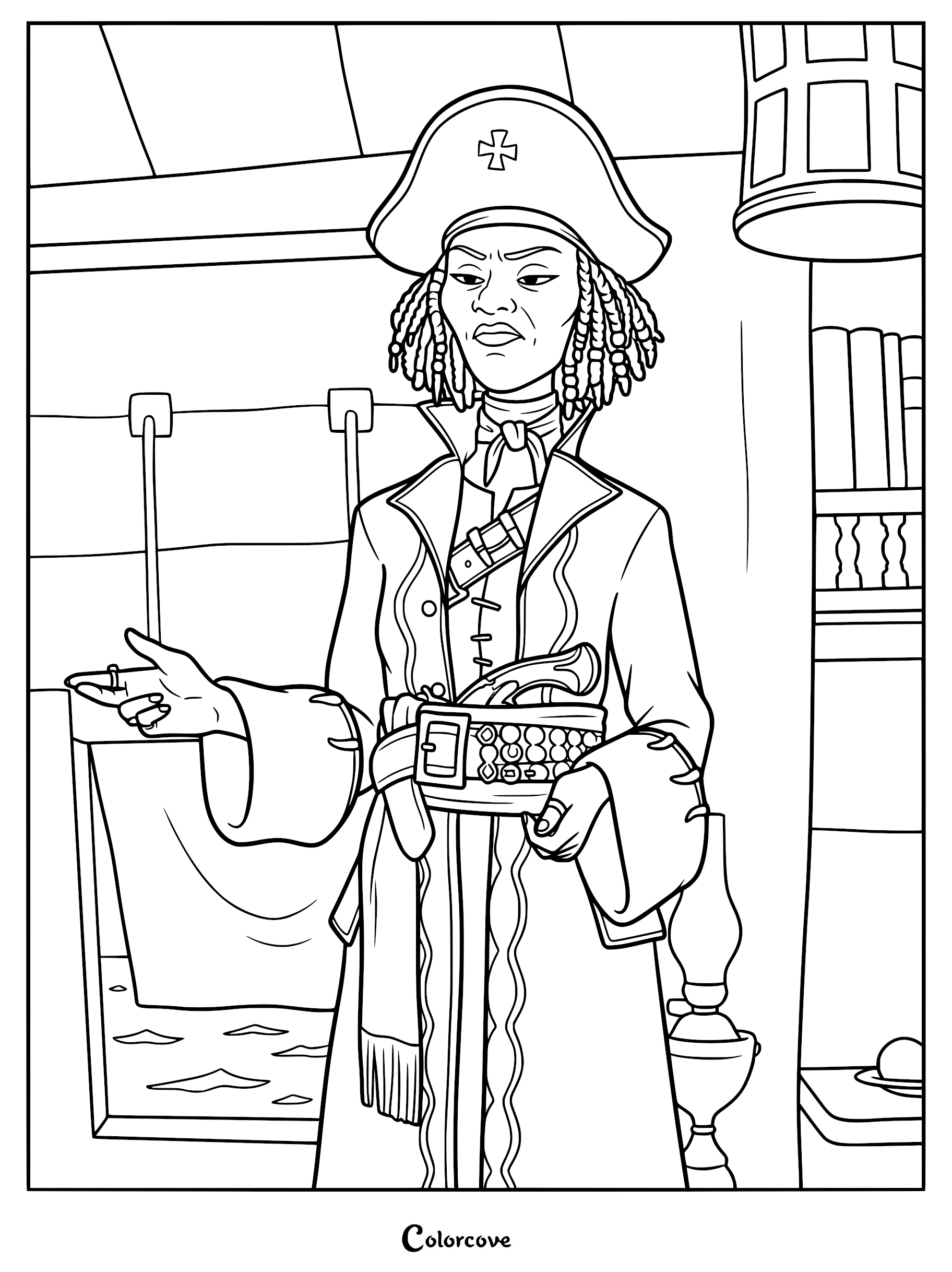 Sarah Sharpe from The Sea Beast, depicted in her pirate captain attire including a tricorn hat, coat, and pistol, standing in a ship cabin for a printable coloring page.
