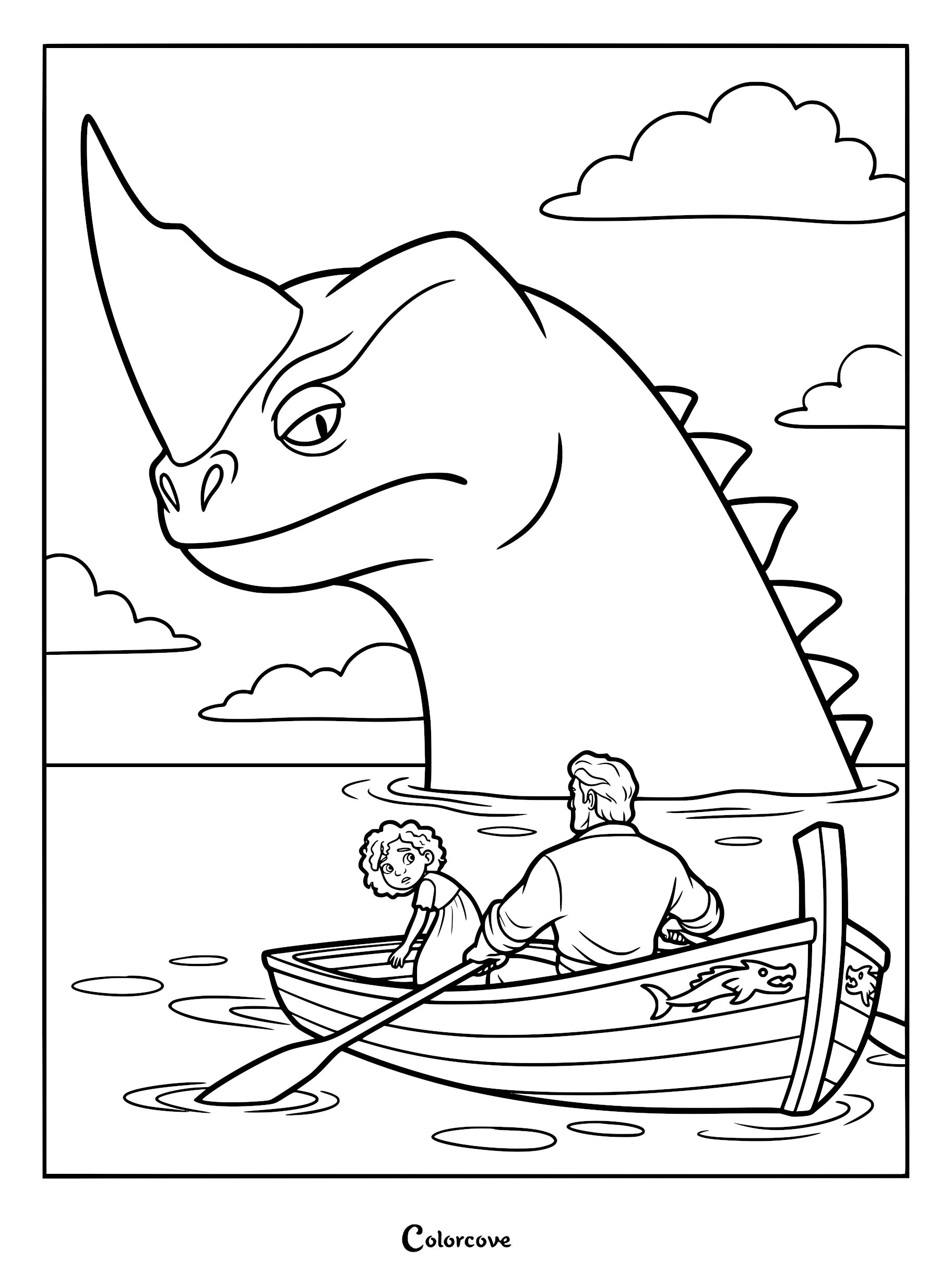 A printable coloring page featuring Jacob Holland and Maisie Brumble in a small wooden rowboat looking up at the massive sea beast Red emerging from the ocean.