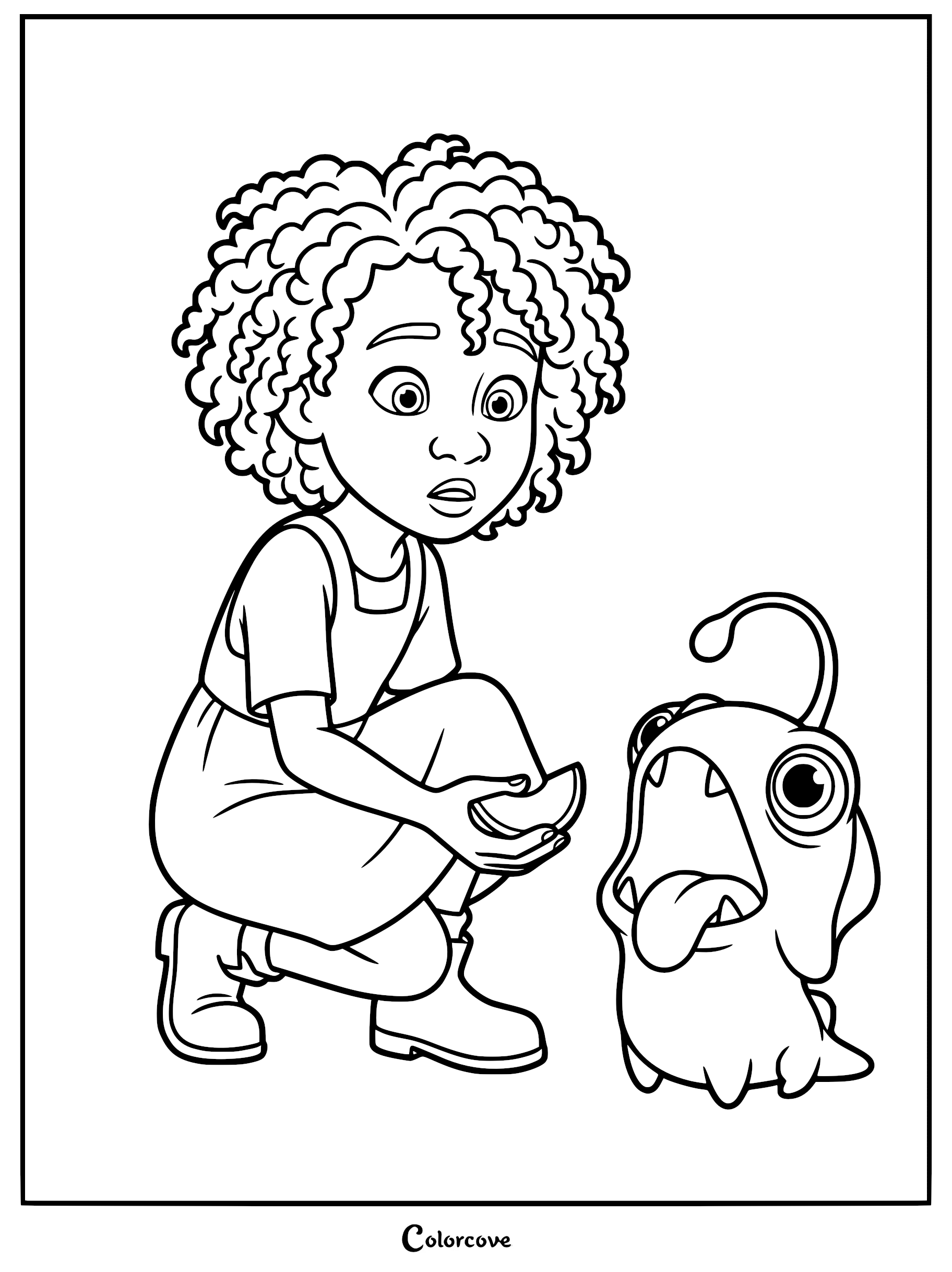 Maisie Brumble with curly hair crouched down offering a treat to the small sea beast Blue on this free printable coloring page.
